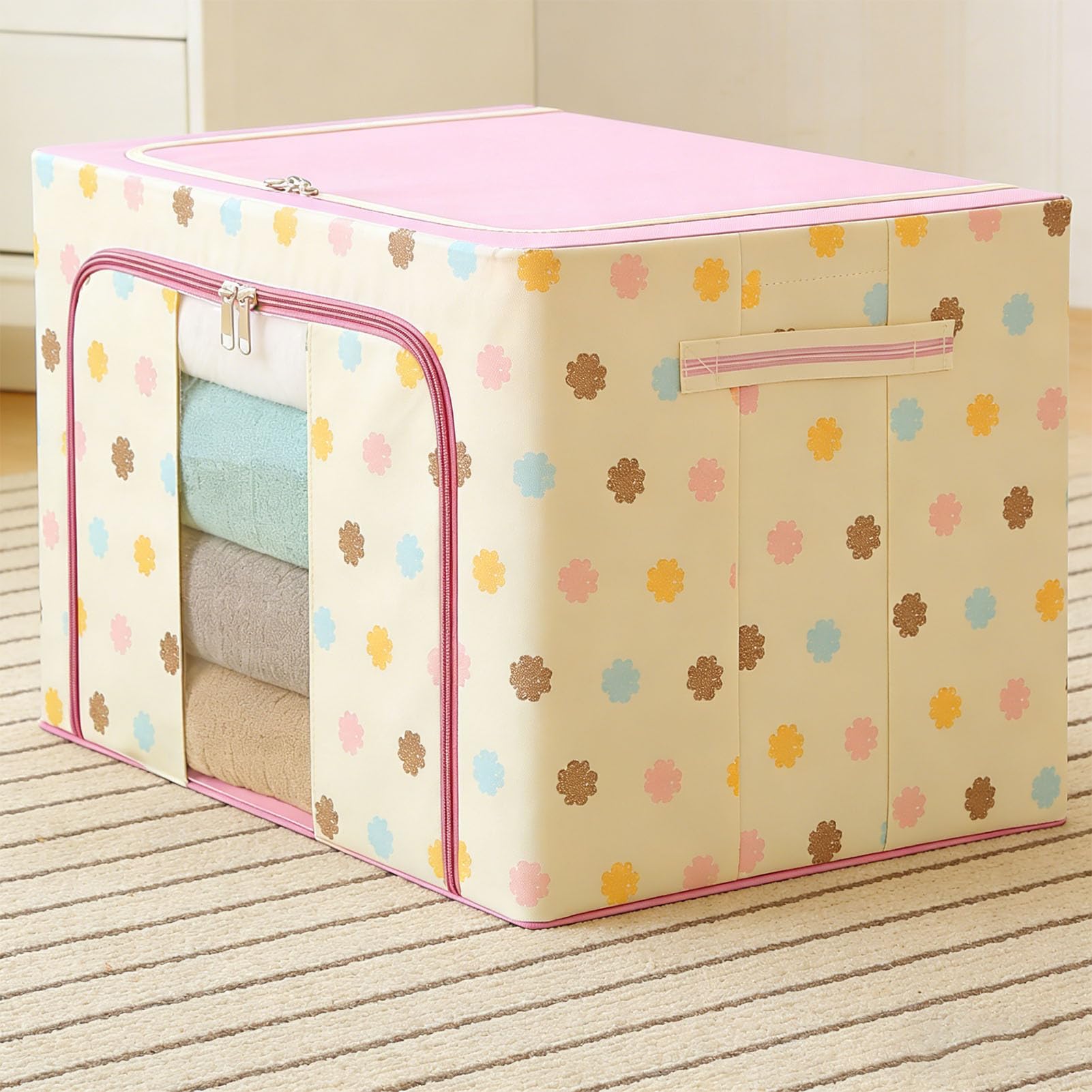 Cestino Portaoggetti Pieghevole per Abiti, Scatola Portaoggetti per Armadio in Tessuto con Finestra Trasparente, Aperture con Cerniera Anteriore e Superiore, Coperto 50x40x33 Cm per (PINK)