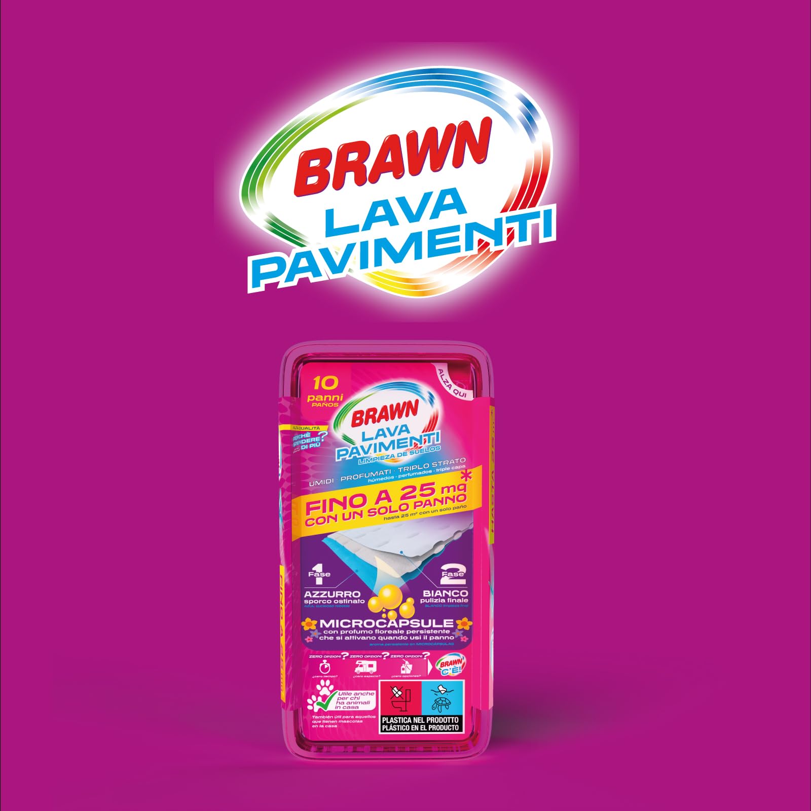 Brawn Lavapavimenti, Panni Umidificati con Microcapsule Profumate, Tessuto Ultra Spesso Triplo Strato, Puliscono Fino a 25 mq con un Solo Panno, Confezione da 10 Panni