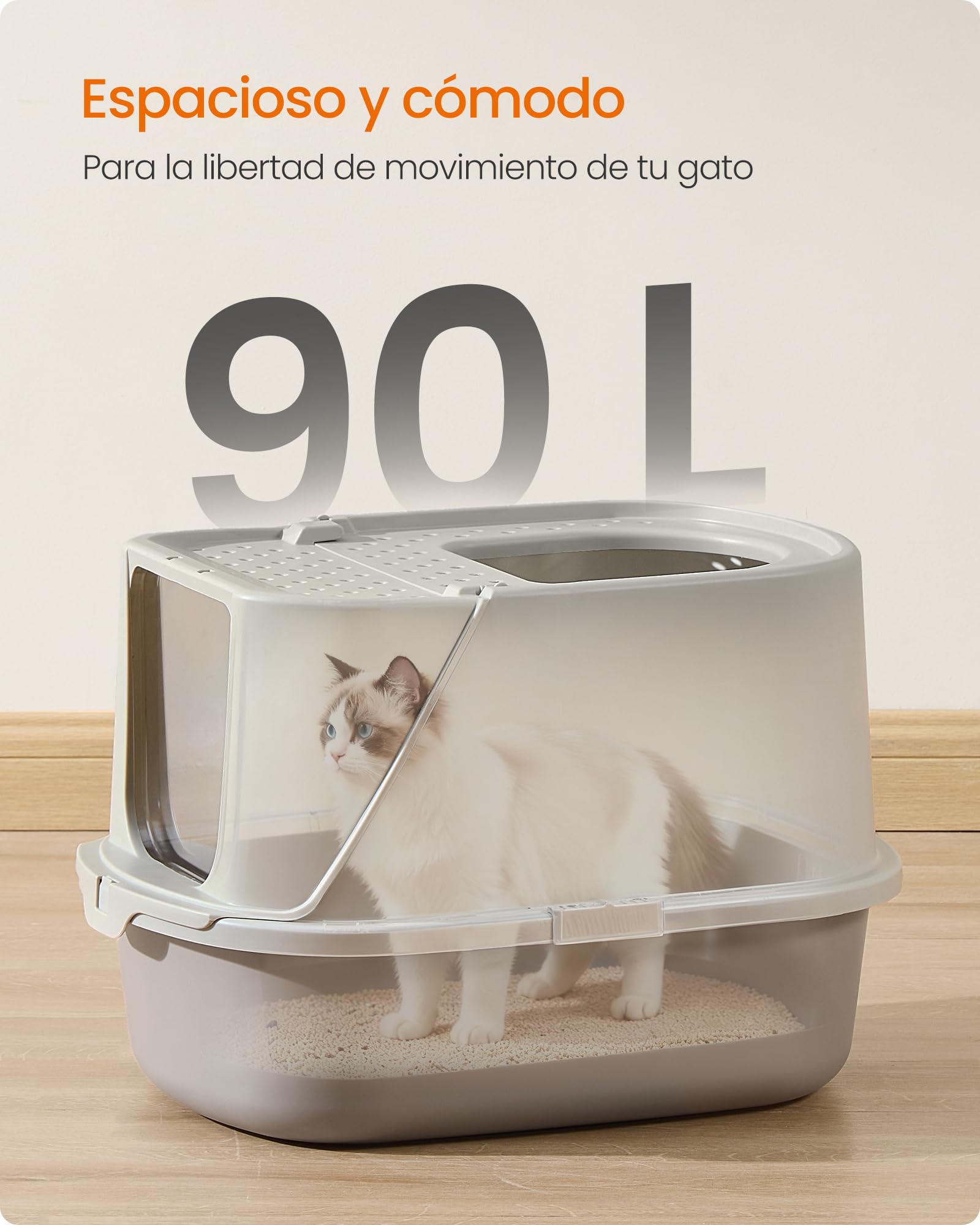 Feandrea Arenero para Gatos XXL, Caja de Arena con Tapa, Paleta y Cepillo, para Gatos de hasta 15 kg, Color Avena y Gris Cálido PPT011LH01