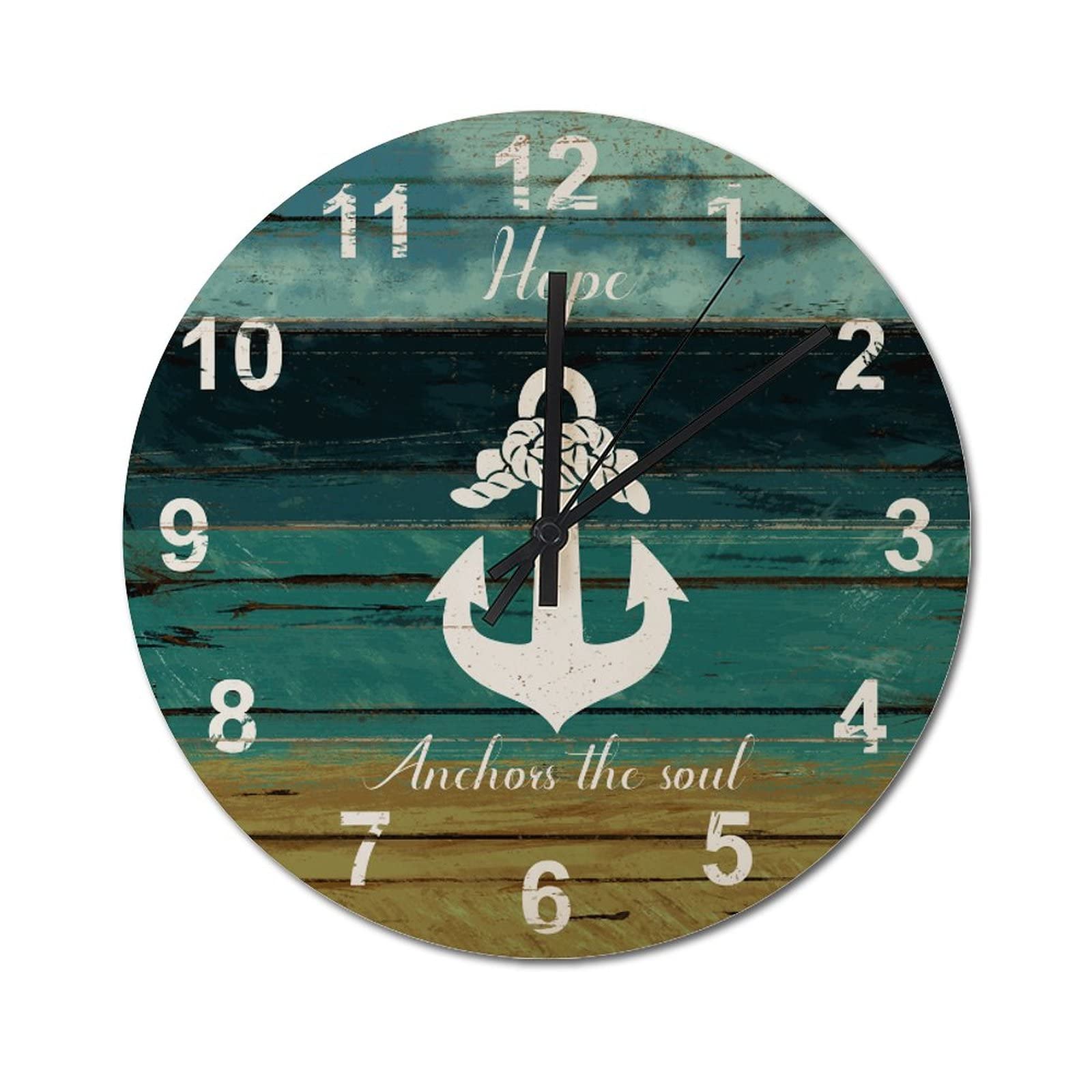 Horloge murale rustique en bois à effet patiné texturé et détails soignés style ancre marine