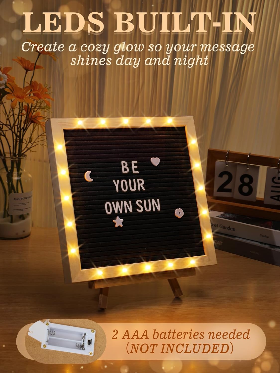 Changeable Felt Letter Board with LED Lights - 10×10" Message Custom Signs & Wood Stand & 450 Letters, Poster Board for Valentine's Day/Baby/Pregnancy Announcement/Classroom Wall Decor Gifts, Black - Image 2