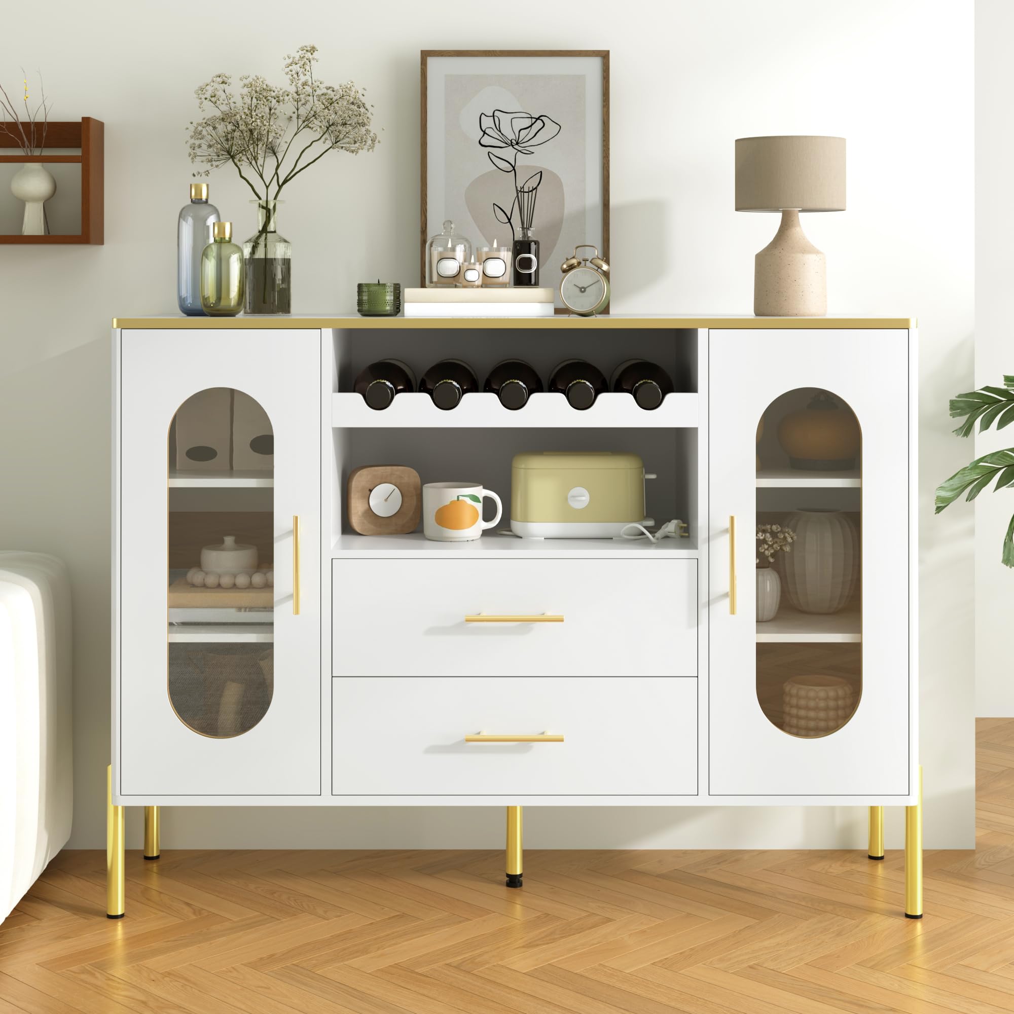 Credenza 120 cm Con Ripiani Interni Regolabili, Ante In Vetro E Cassetti, Buffet Con Portabottiglie Integrato, Mobile Elegante Per Soggiorno Ed Esszimmer