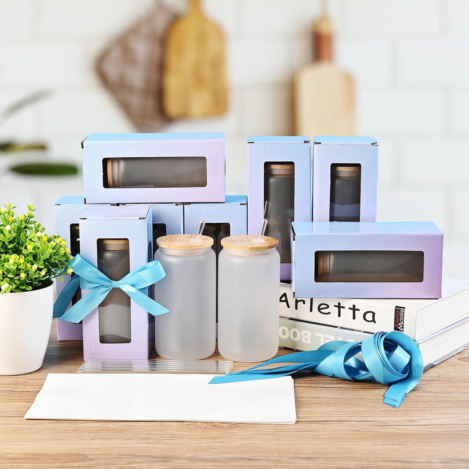 Sublimation Glass Blanks with Bamboo Lid, MAFYE 16OZ Frosted Sublimation Beer Cups with Glass Straws Gift Box for Mother's Day, Mason Jar Cups Mug Travel Tumbler for Juice, Iced Coffee, Drinks(8 PACK)