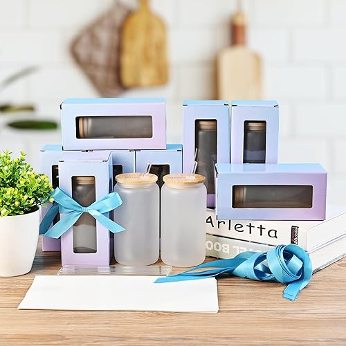 Miniatura 4 de Vasos de vidrio de sublimación con tapa de bambú, tazas de cerveza de sublimación esmeriladas de 16 onzas con pajitas de vidrio, caja de regalo para