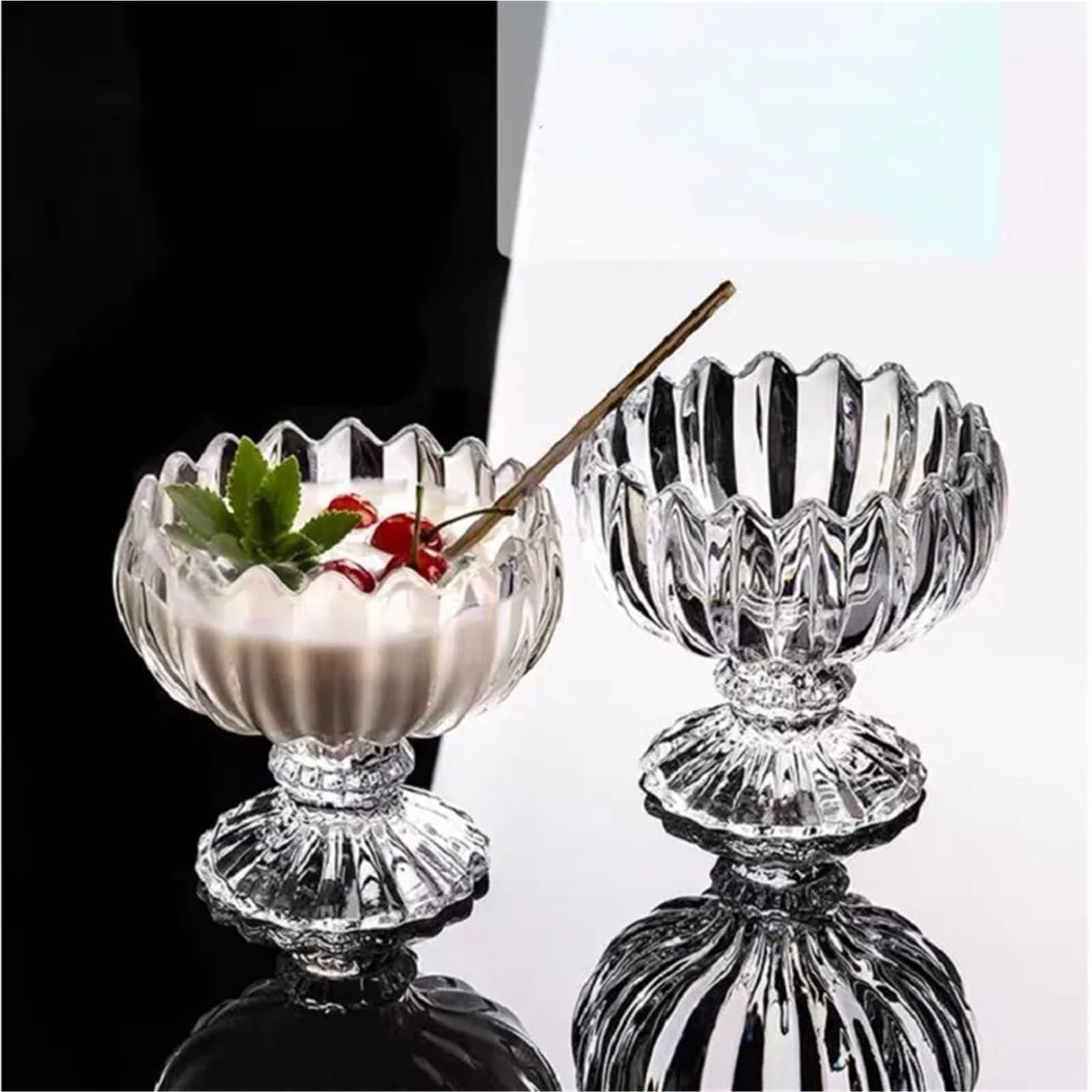 Coppe Gelato 2 pezzi di ciotola di vetro rotonda tazza di gelato alta ciotola di insalata vassoio trasparente contenitore for la casa piatto da dessert piatto di frutta accessori da cucina Per Dessert