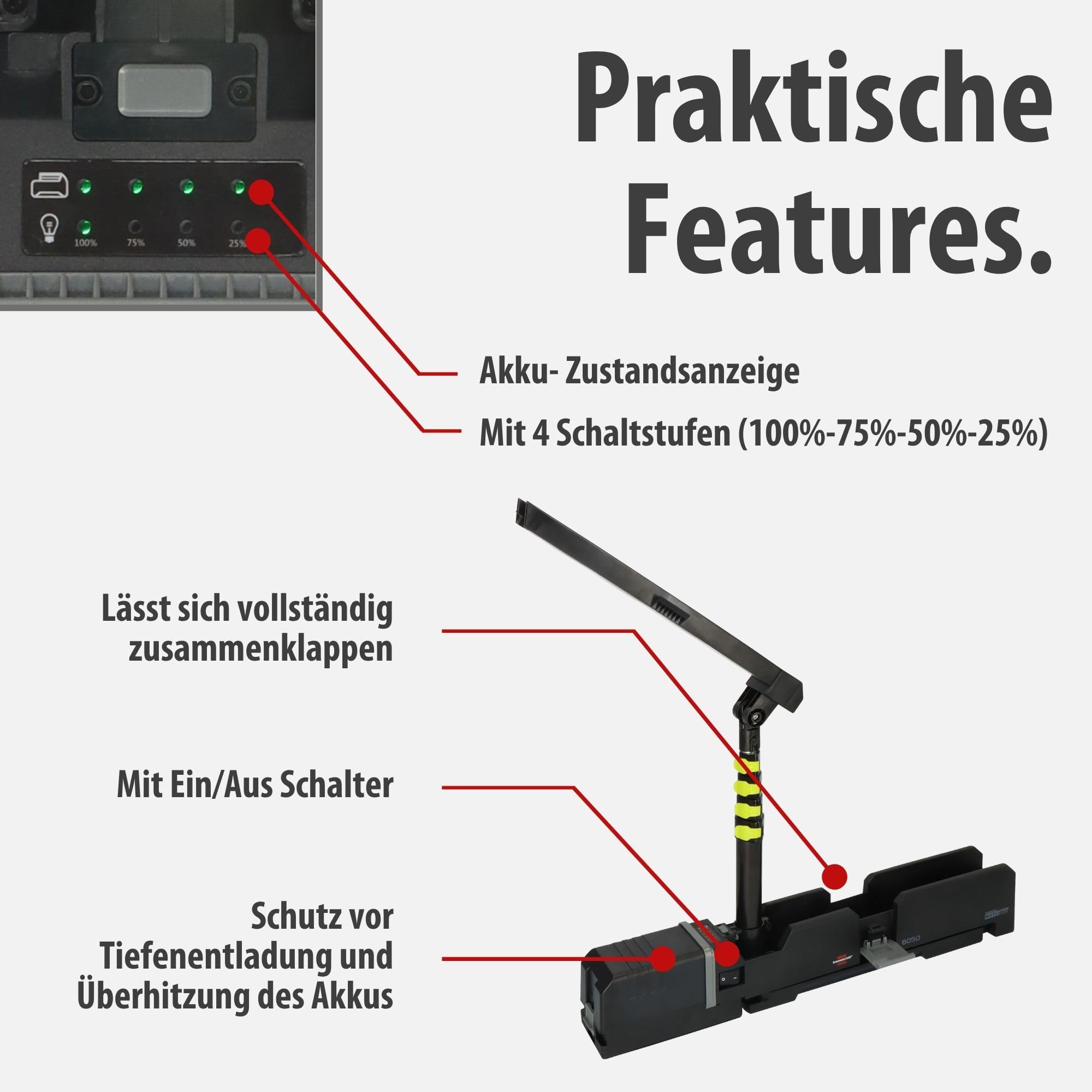 Brennenstuhl Multi Battery LED Akku Teleskop Arbeitsstrahler 6050 MA (7700lm, IP54, Höhenverstellbar Bis 140cm, Kompatibel Mit 18V Akkus 10 Verschiedener Hersteller, Ohne Akku, Engineered In Germany)