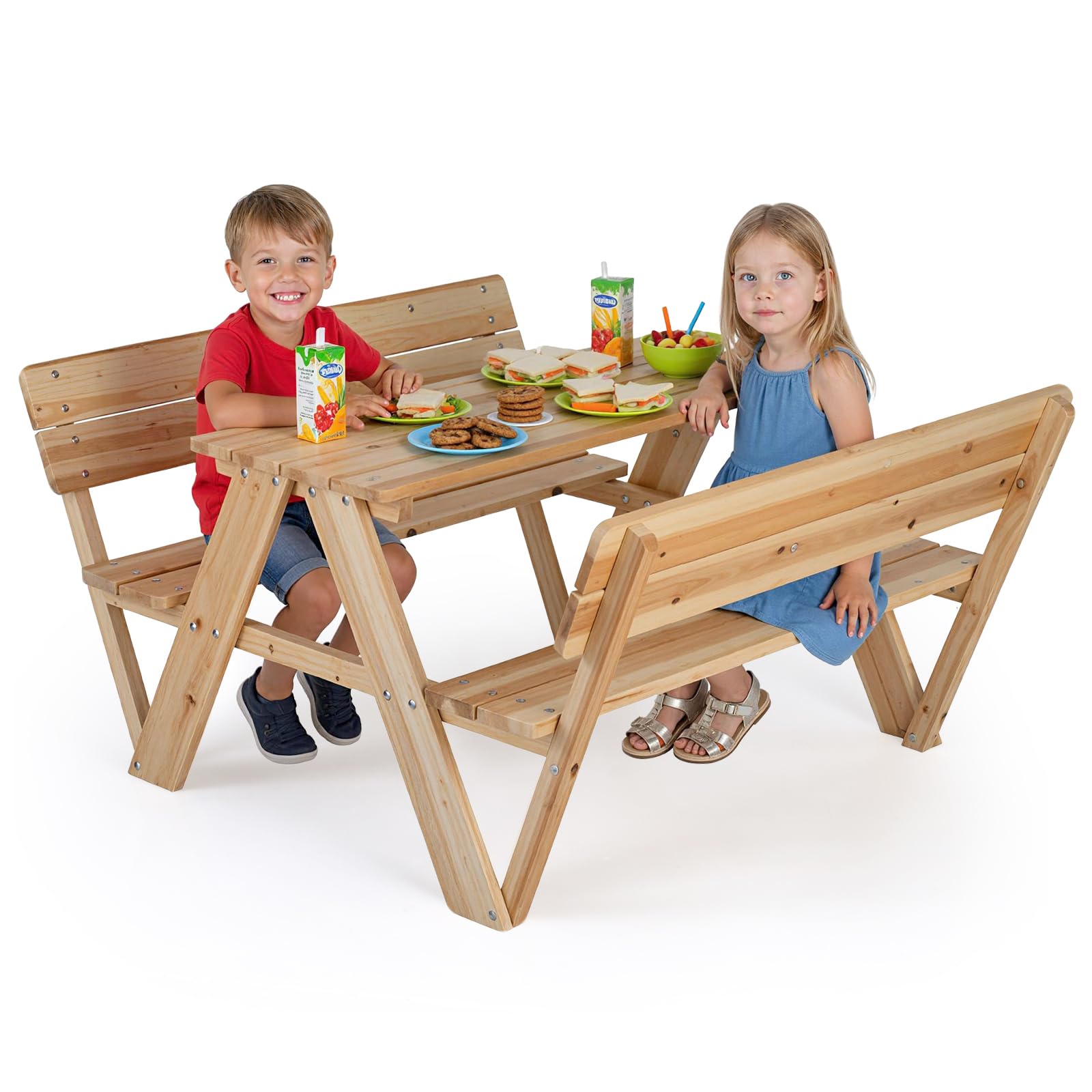DREAMADE Table de Pique-Nique Enfants, Table Extérieure en Bois avec Bancs Intégrés et Dossiers pour 4, Ensemble Multi-activités Table et Chaises pour Patio, Jardin, Arrière-Cour, 3+ Ans