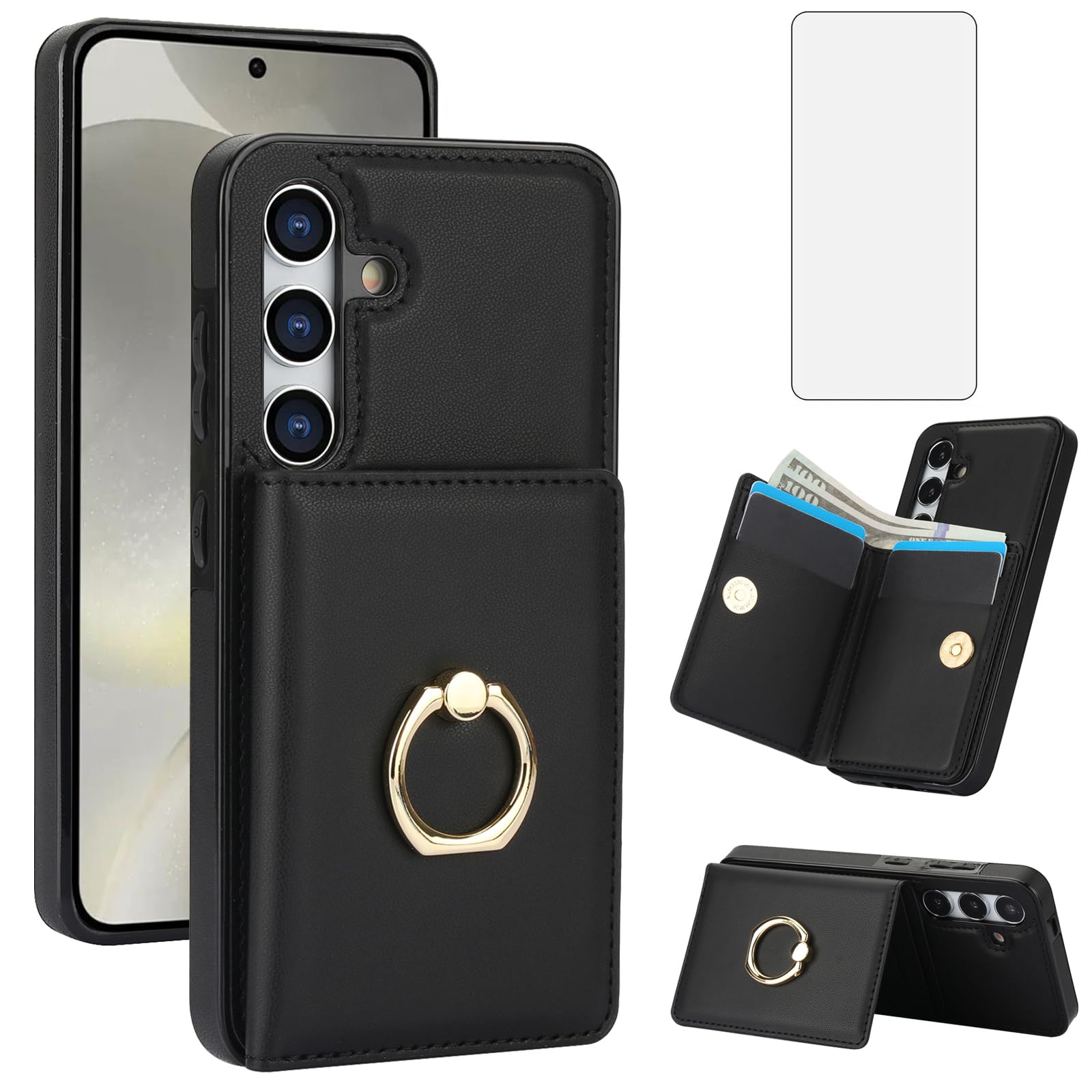 Asuwish Phone Case for Samsung Galaxy A15 5G/4G Cover with Tempered Glass Screen Protector and RFID Card Holder Slot Kickstand Ring Cell Accessories