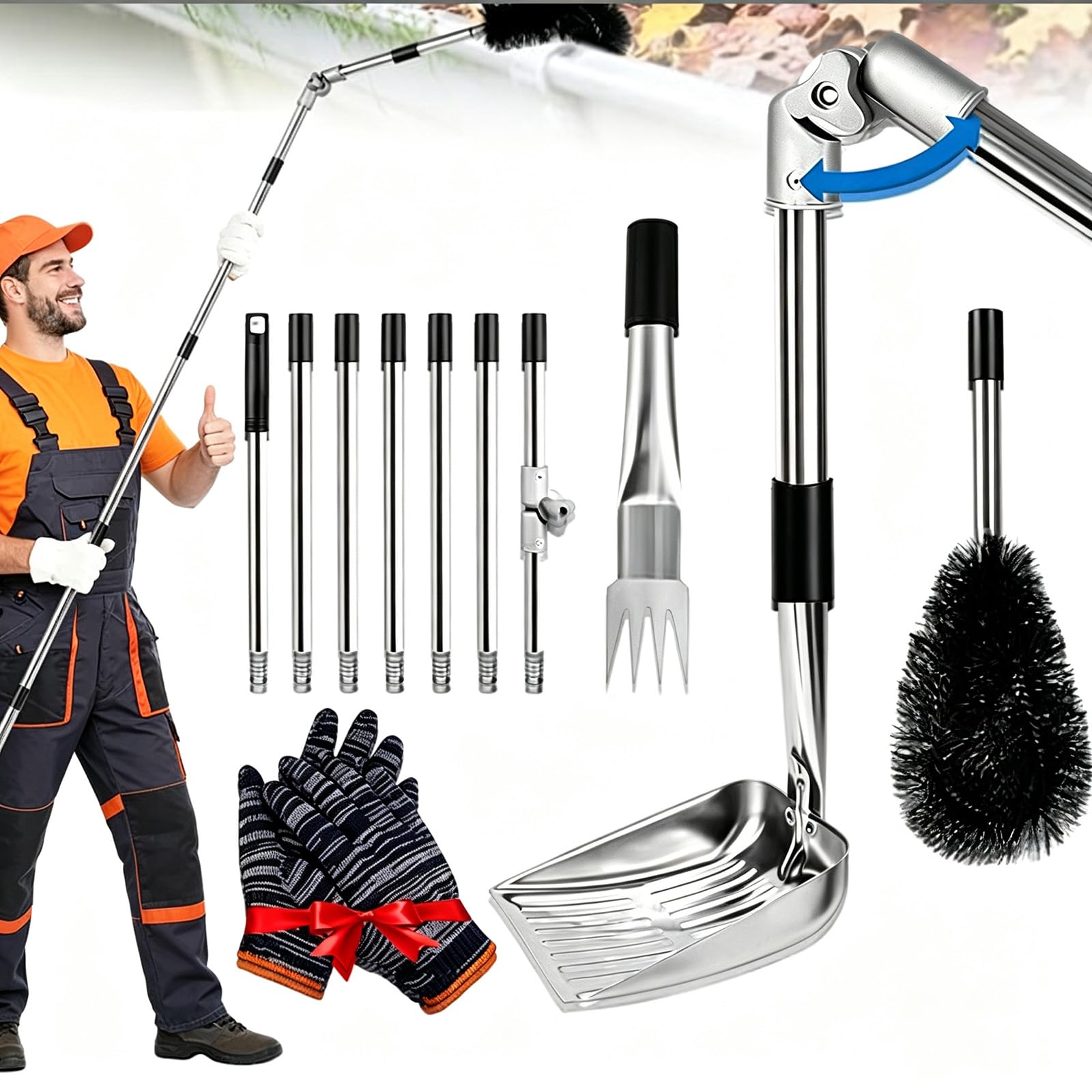 Gutter Cleaning Tools – 4m Telescopic Gutter Cleaner Kit with 180° Swivel Head, Rake, Shovel – Adjustable Pole for Leaves & Debris Removal (1Set)