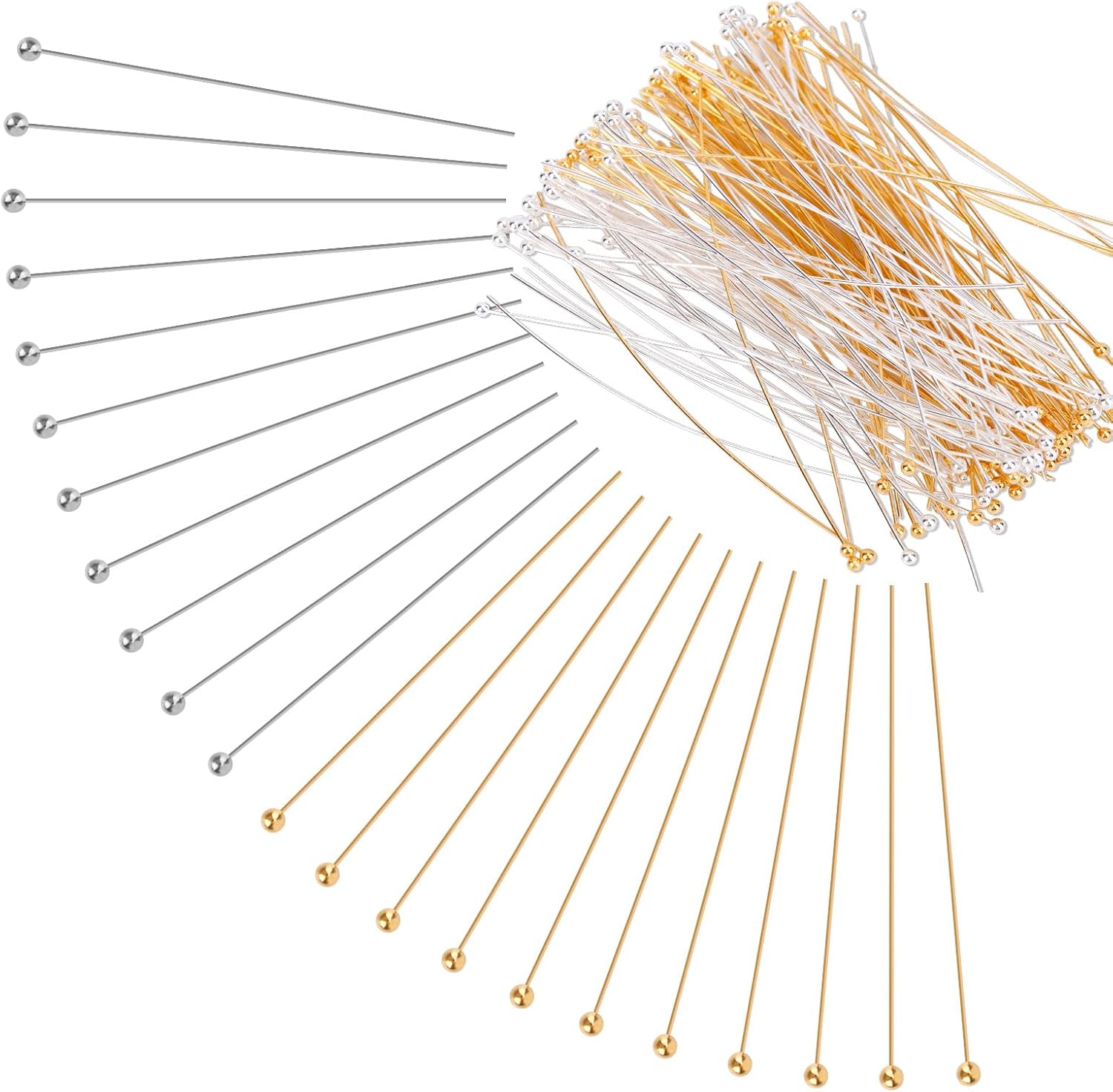 200pcs Ball Head Pins Set for Beads Jewelry Making, 70mm/2.76 Inch Copper Headpins Eyepins Jewelry Findings for DIY Crafts Earrings Necklaces Bracelets Pendants and More (Silver, Gold)