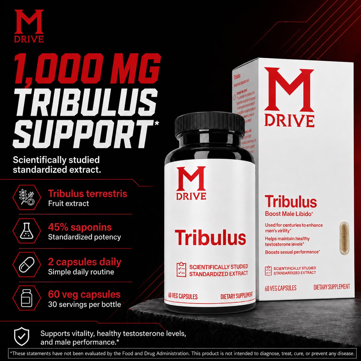 M Drive Tribulus Terrestris 45% Saponins - Supplement for Men's Health, Promotes Virility, Supports Testosterone Levels, 60 Capsules, Gluten-Free Non-GMO — Amazon image 2