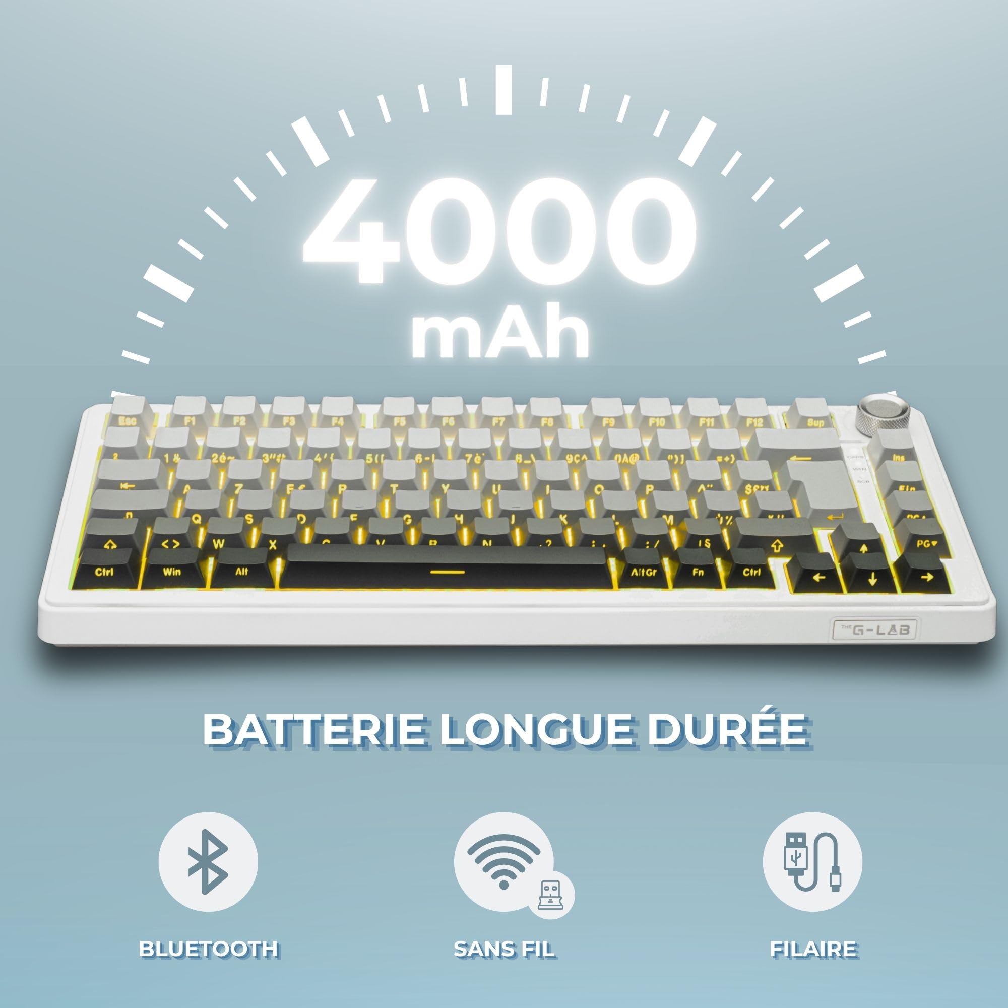 The G-Lab KEYZ Elite 300 GRW - Tastiera Gamer Wireless TKL Tri Mode 2.4 Ghz/Bluetooth/cablata - Tastiera meccanica Hot Swap, Switch Pre-lubrificati, Incisore Laterale, RGB+Macro - AZERTY FR - Windows
