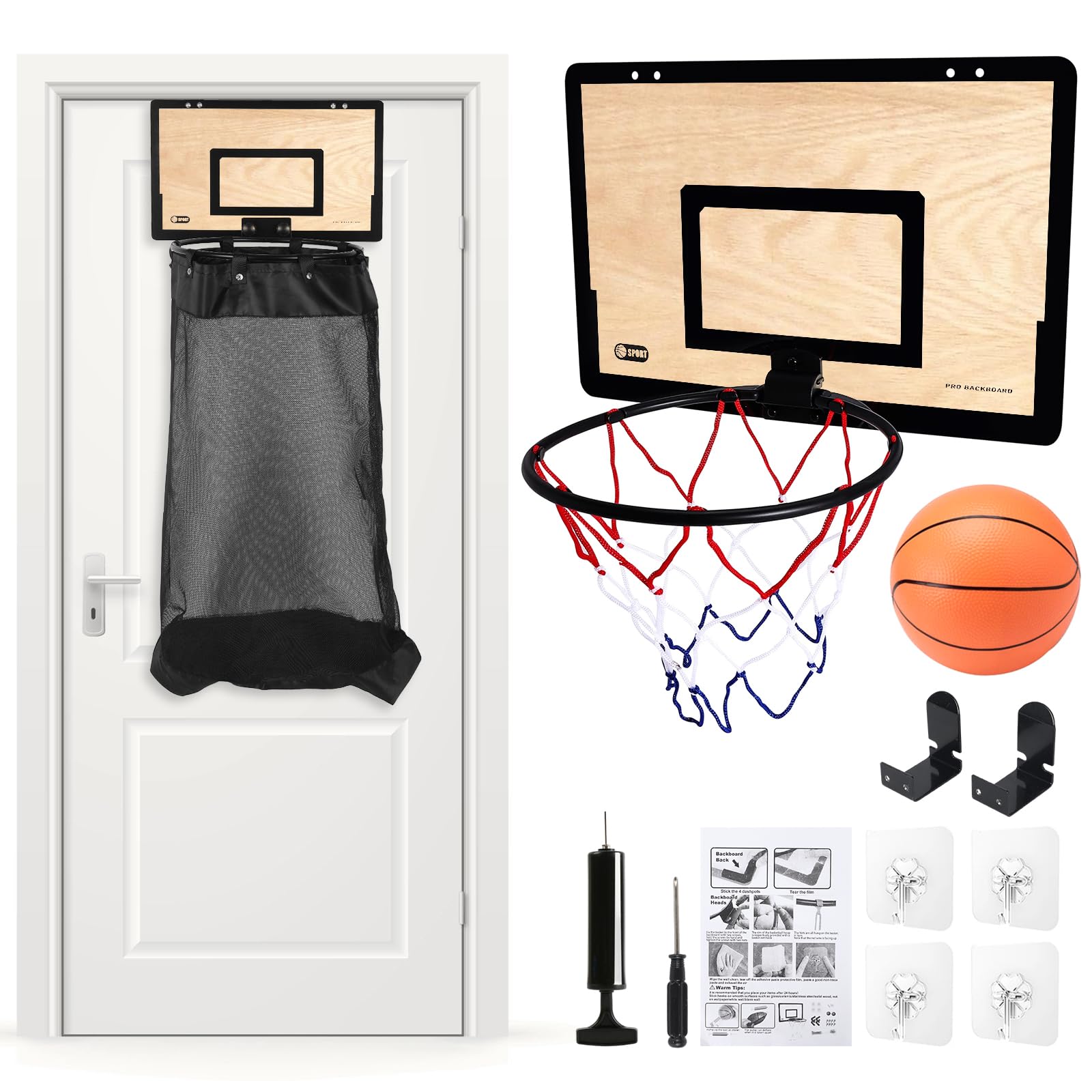 Wäschekorb mit Basketballkorb für die Tür, 2-in-1 Hängender Wäschekorb aus Holz mit Korb, Ball, abnehmbarem Beutel und Reißverschluss unten für Kinderzimmer, Studentenwohnheim (Holz)