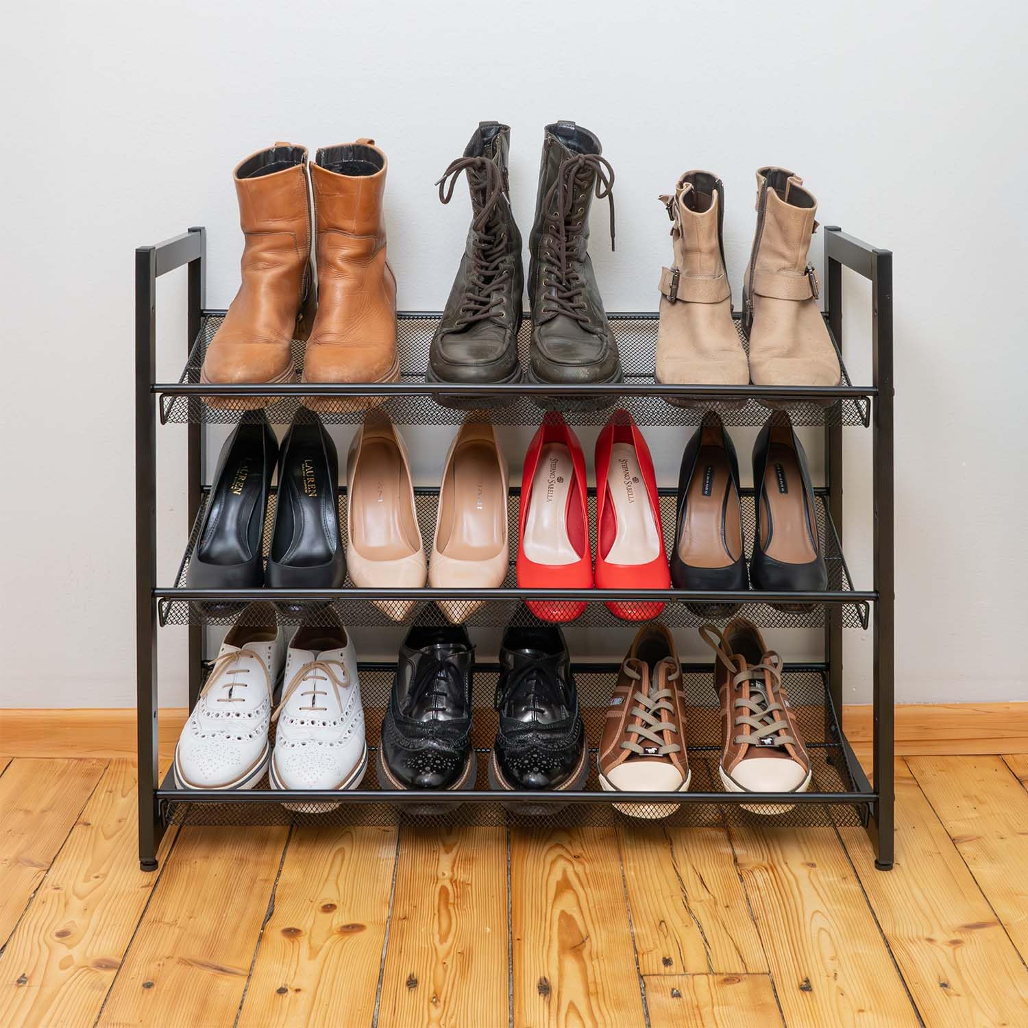 Tatkraft Willis - Schuhregal Metall, 3 Ablagen, für 10 Paar, Schwarz | Schuhregal Schmal, 74X62,8x30,7 cm, für Flur und Garderobe, Stapelbar 3 oder 1x3 Ablagen, Platzsparender, bis 30 kg
