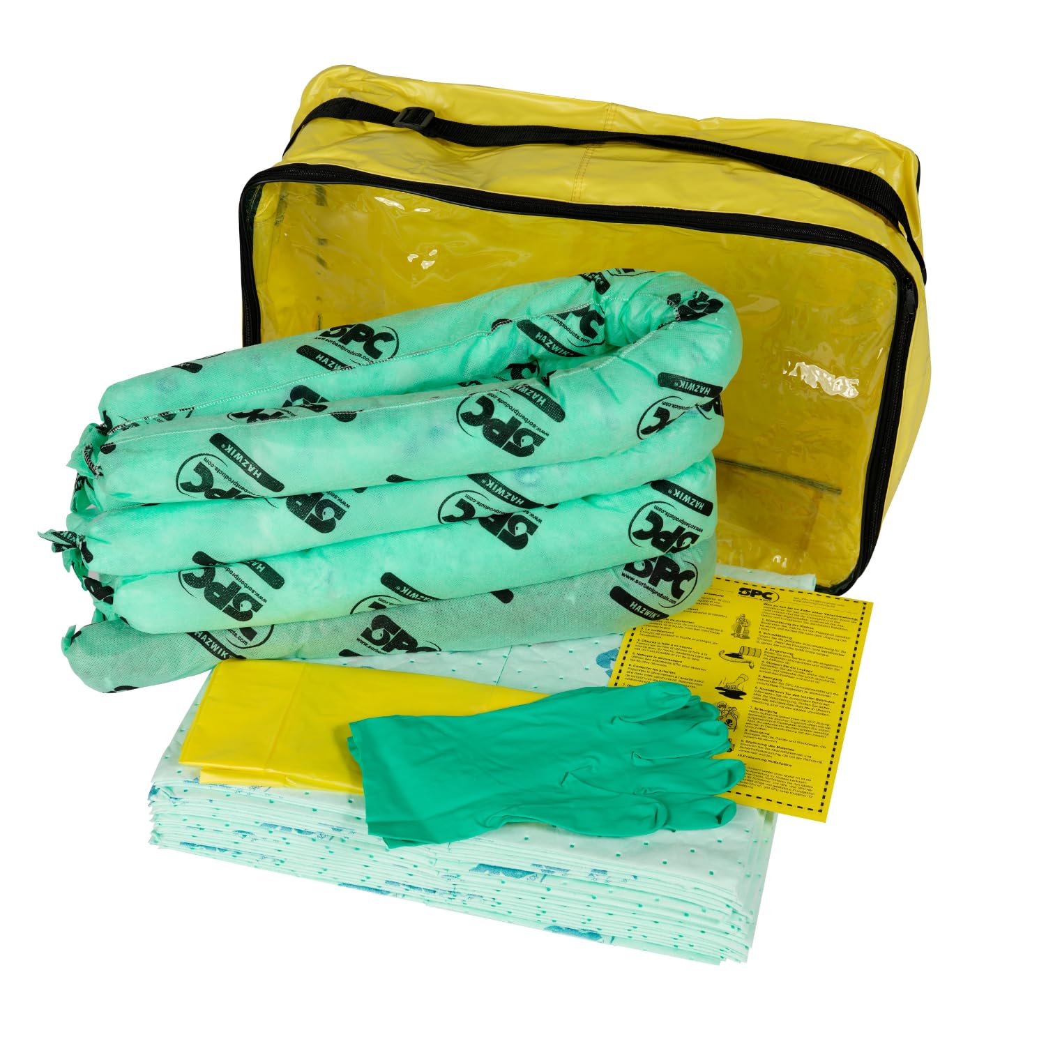SPC® by Brady Kit Anti-Inquinamento Chimico – Kit Assorbente Chimico per Fuoriuscite di Sostanze Chimiche Pericolose, Include 25 Panni Assorbenti Chimici, 4 Calze, Guanti e Sacco per Smaltimento