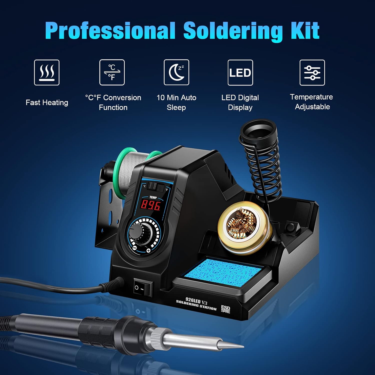 Soldering Iron Station Kit, Soldering Station w/ 392℉~896℉ Adjustable Temperature (C/F),10-Min Sleep Mode, LED Display Digital Soldering Iron Kit, Fast Heating Up
