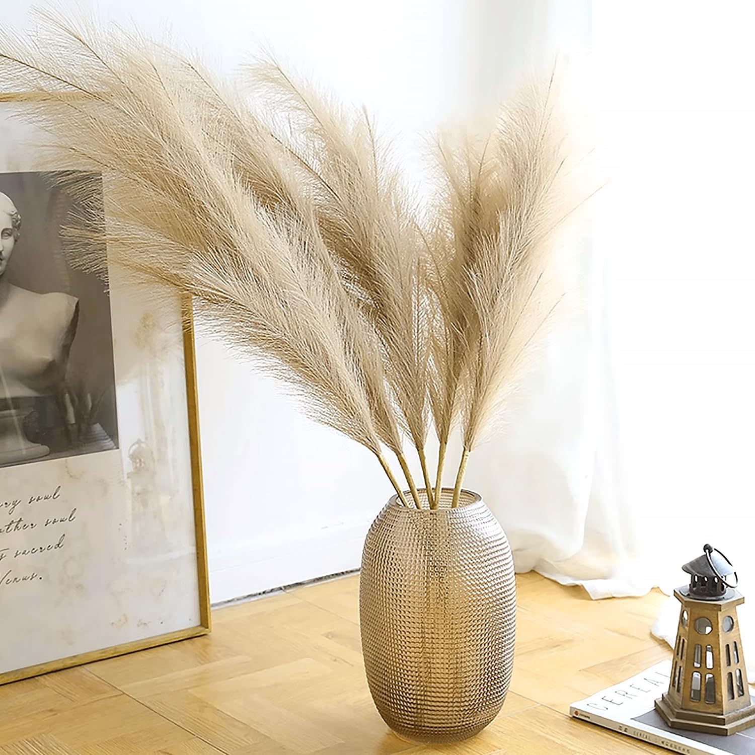 6 pezzi Pampas Decorative Alte 113cm Marrone Pampa Artificiali Fiori Secchi Erba di Pampa XXL Piume Decorative grigio per Soggiorno, Casa, Pavimento, Vaso, Decorazione Boemia