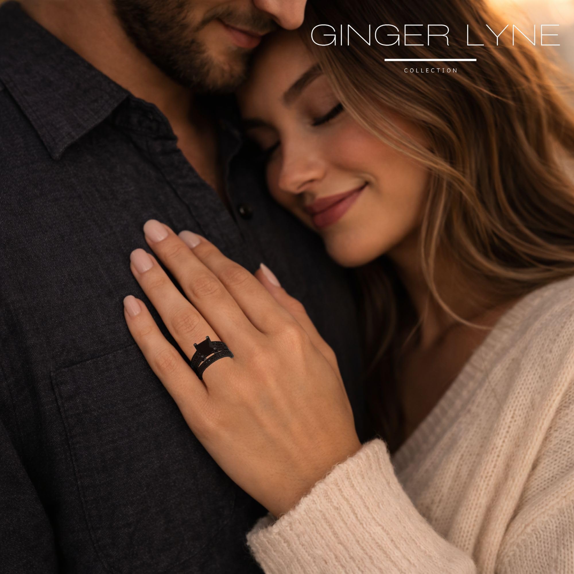 Exquisito Negro novia compromiso boda banda anillo Set – Ginger Lyne colección, negro, 8