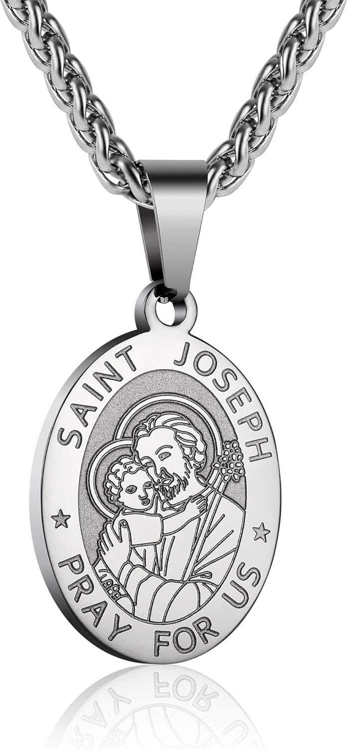 P. BLAKE Oval Saint Christopher/Michael/Joseph/Jude/Virgin Mary/Joseph/Francis/Patrick/Anthony/Benedict/Thomas Necklace for Men Women, Stainless Steel Catholic Patron Pendant with Chain 24 Inches