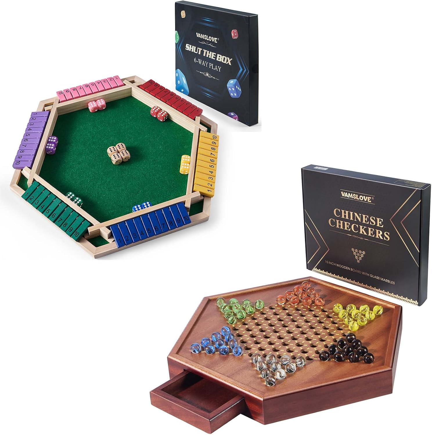 VAMSLOVE Chinese Checkers 15" Large Upgraded Version Wooden Game Board, 16mm 60+12 Colorful Glass Marbles, Easy Grasping for Adults and Kids, w/Storage Drawer, Fun for Family Gathering