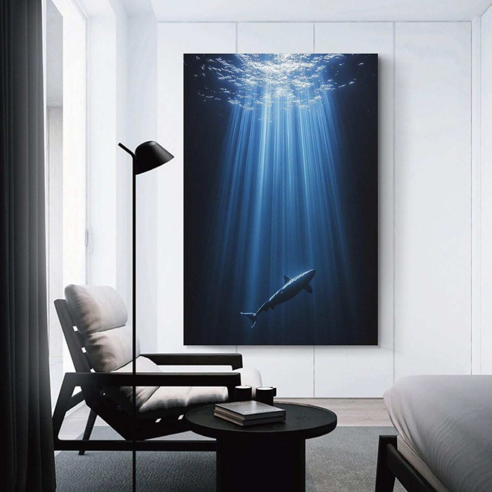 Junmoney Shark in Deep Blue Ocean Hanging Wall Art, 24x36inch(60x90cm), for Bedroom Decor, Cosy Corners Or Studios, An Easy Wall Refresh for Bedrooms