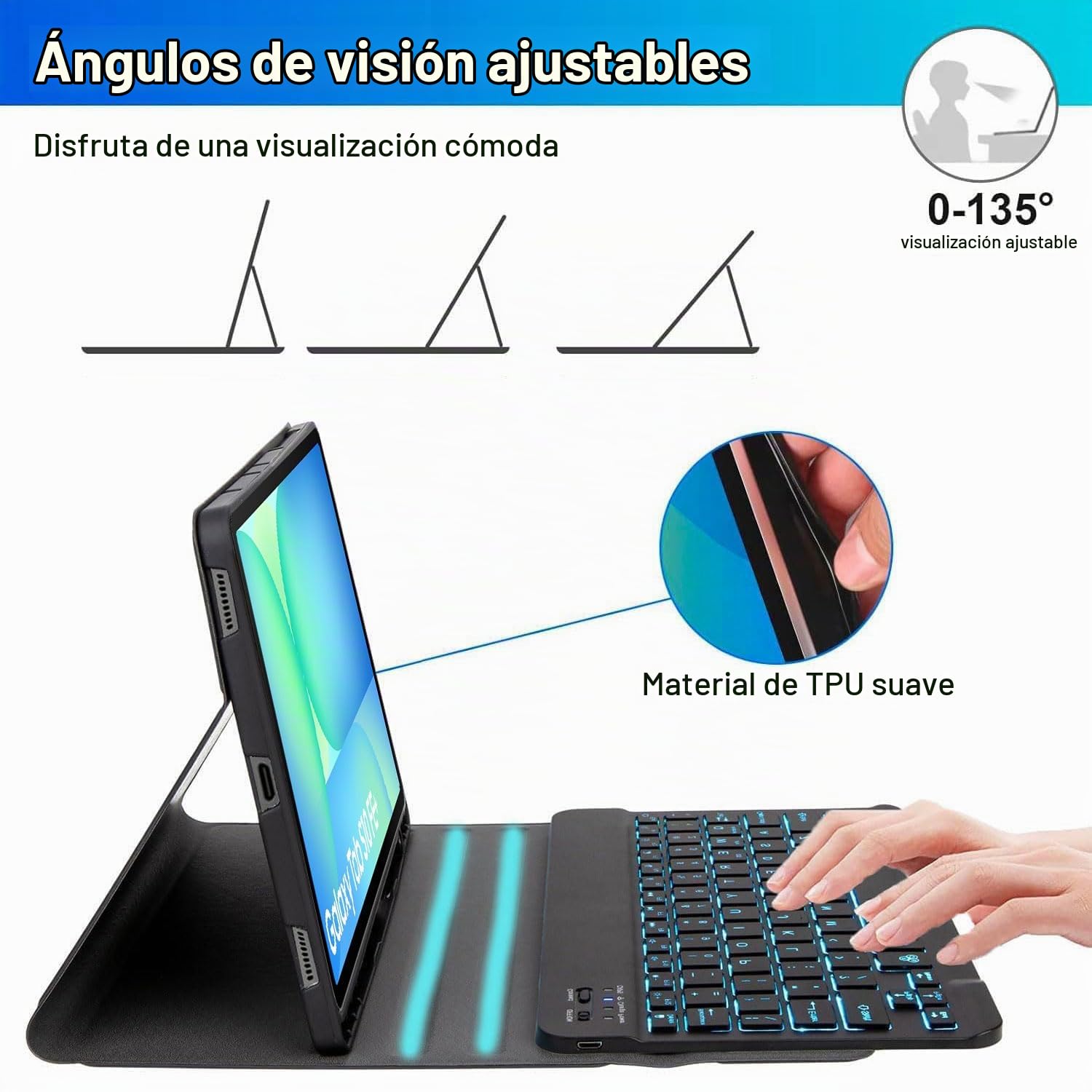 Funda con Teclado para Samsung Galaxy Tab S10 Fe+ Plus 13,1" 2025 Modelo (SM-X620/X626), Teclado Español Ñ Extraíble con Retroiluminación 7 Colores, Soporte para S Pen Y Ratón,Negro
