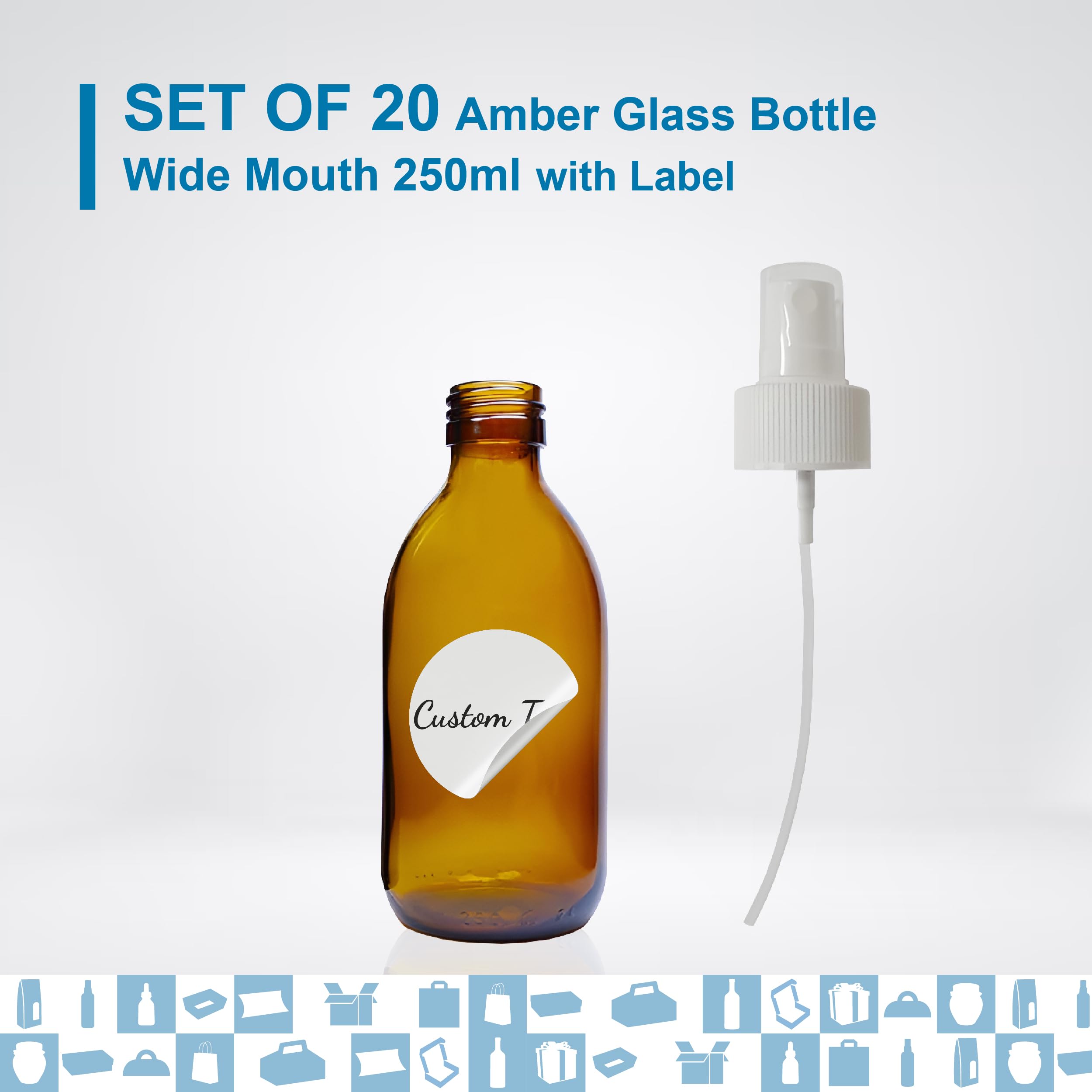20 x Sprühflasche aus Glas, bernsteinfarben, 250 ml, mit Deckel für Zerstäuber + 20 personalisierte Etiketten – ätherische Öle, Kosmetik, Parfüm, Haarspray – Hautpflege und Haarpflege