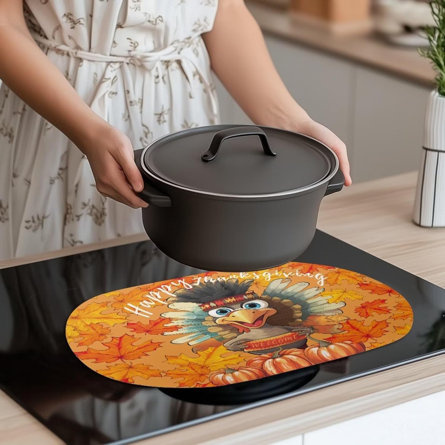 Happy Fall Turkey Pumpkins Table Placemats Oval Placemats Set of 6 Faux Leather Design Double Sided Place Mats Kitchen Placemat Set for Wedding, Birthday, Garden Party Accessory Decoration