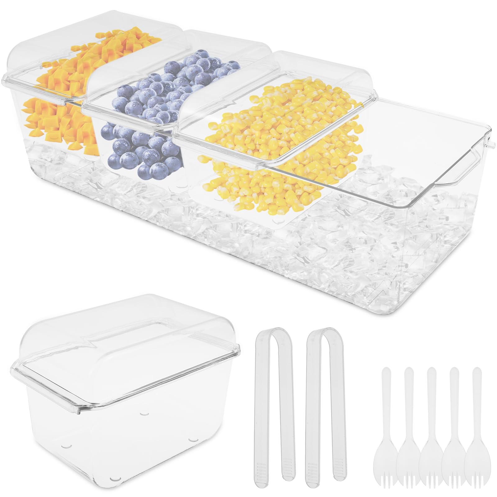 RVEFOT Ice Chilled Condiment Server with 4 Removable Containers,Chilled Caddy with Lids, Condiment Tray with Clip & Fork, Clear Garnish Serving Platter for Fruit, Salad, Food, Bar Accessories