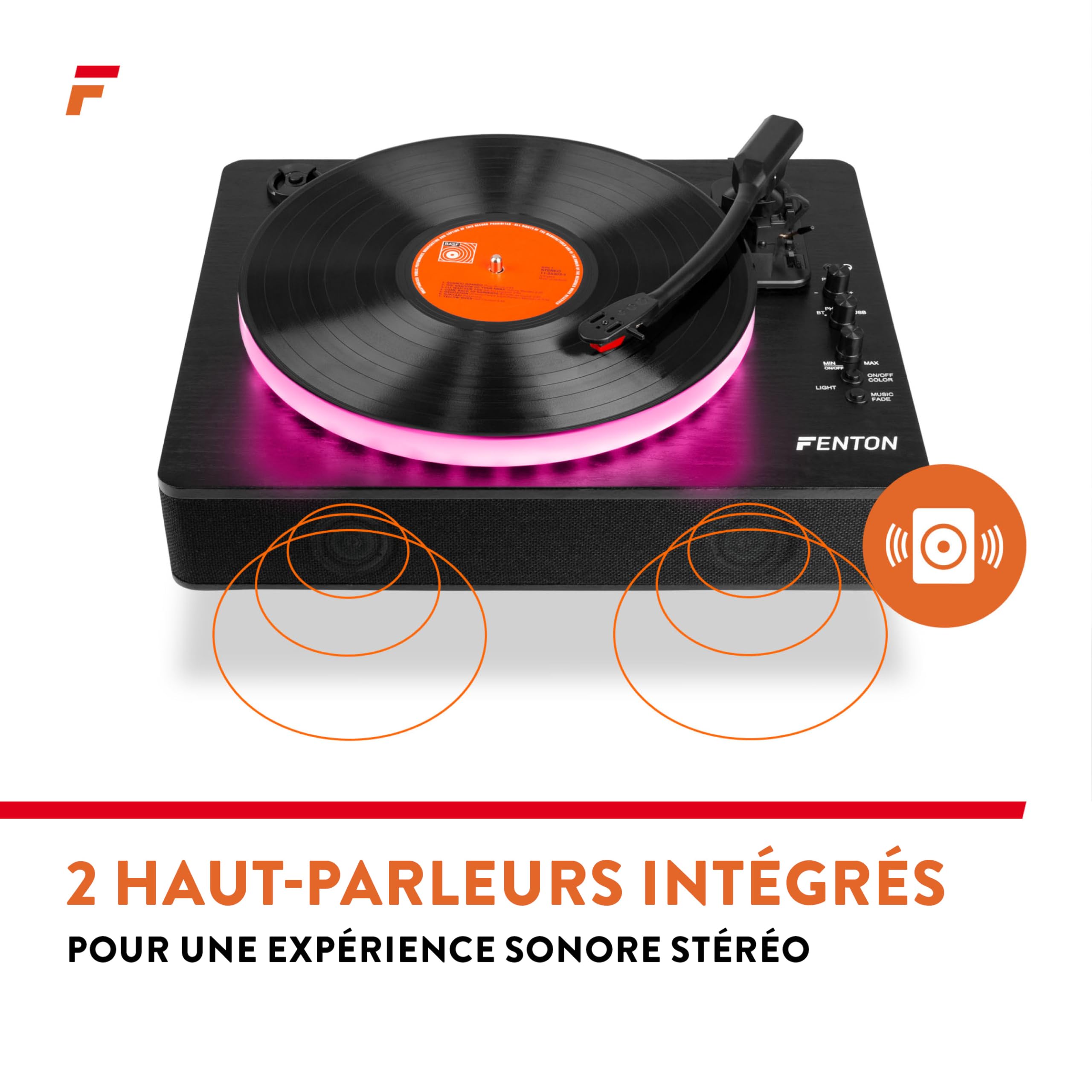Fenton RP162LED Platine Vinyle LED BT avec Haut-Parleurs Intégrés - Noir, Lecture 33, 45 et 78 Tours, Émetteur & Récepteur BLT, Une Platine Moderne et Déco avec Son Plateau LED