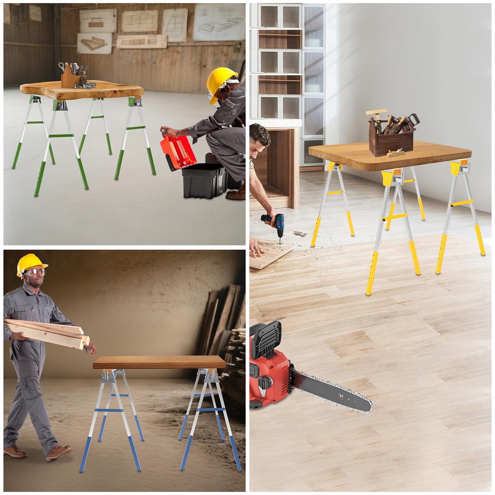 Juego de 2 caballetes de trabajo plegables, altura regulable hasta 1200 kg | Caballete plegable con 6 alturas y 4 ganchos para taller, garaje, construcción y jardín