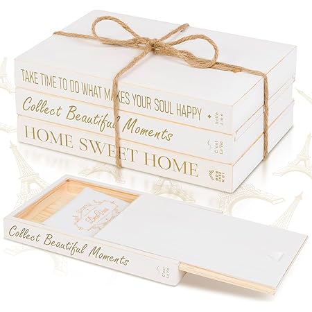 GENMOUS Decorative Books Set - White Faux Books With Wood Bead Tassels For Farmhouse Shelf Display