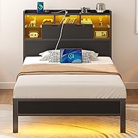 Rolanstar Twin Bed Frame with LED Headboard, Bookcase Storage & Charging Station - Metal Platform, No Box Spring, Noise-Free Black