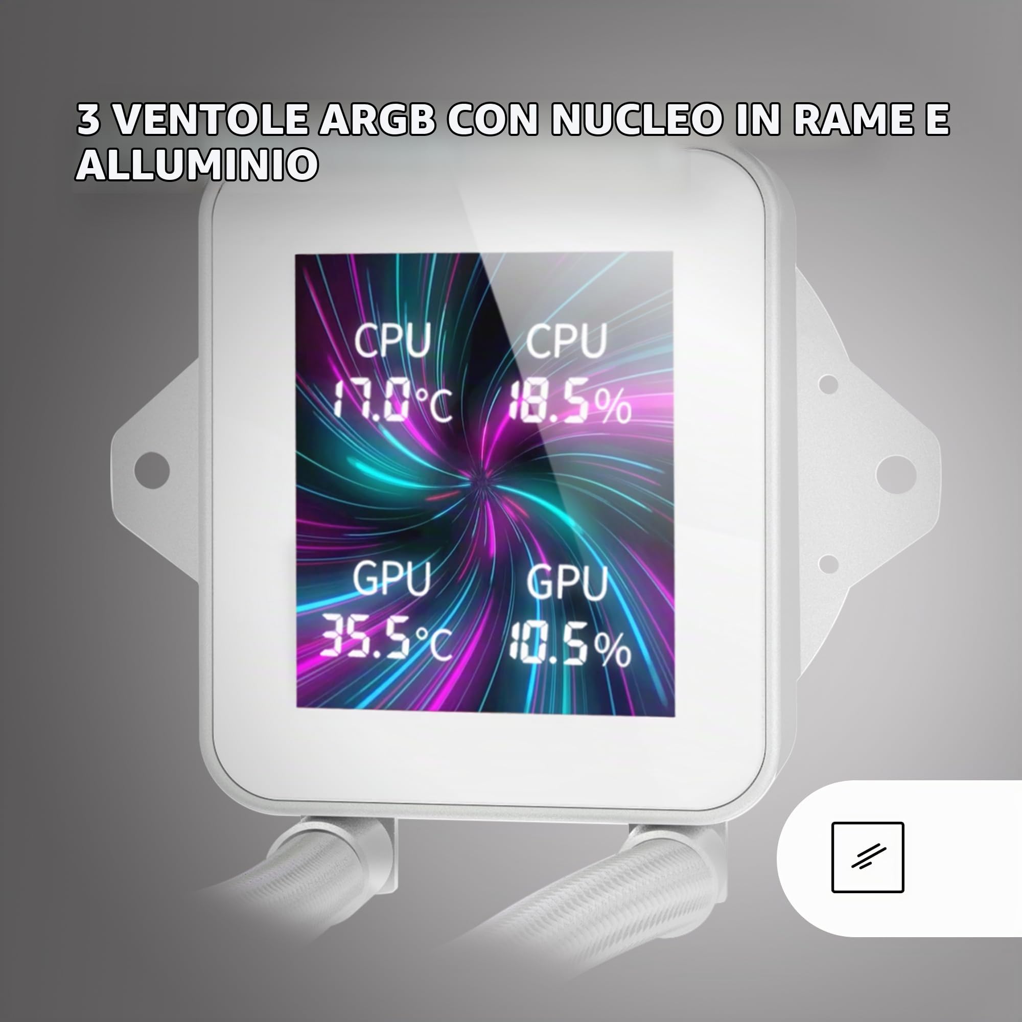 Mars Gaming ML-VISION360, Raffreddamento a Liquido AIO, TDP 600W, 3x Ventole ARGB con Nucleo in Rame e Alluminio FDB, Schermo LCD IPS 4:3 Rotazione a 360° e Software, Multisocket Universale, Bianco