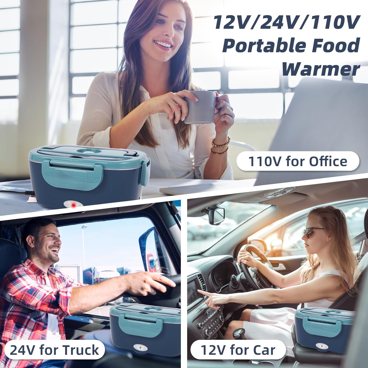 Electric Lunch Box, 12V/24V/110V Portable Food Warmer with SS Fork & Spoon for Car/Truck/Office, 80W Self Heating Lunch Box with 1.5L 304 Stainless Steel Container & 0.45L PP Fruit Box Blue - Image 3