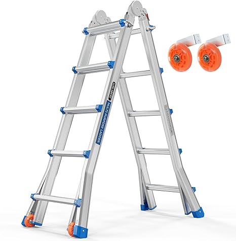 LUISLADDERS Telescoping Ladder, A Frame 5 Step Muti Position Folding Ladder Flared Leg & Wheels Design, 330 lbs Capacity 19 Ft Reach Height Extension Ladders for Household Outdoor Work