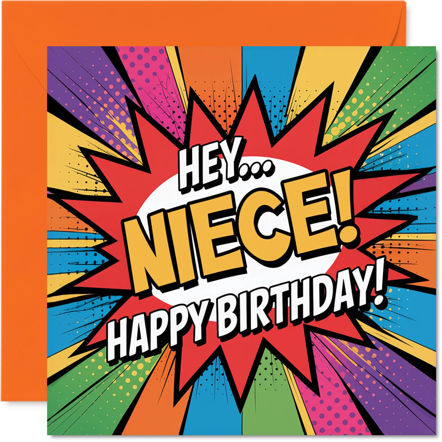 Playful Birthday Card for Niece - Bursting with Birthday Fun - Comic Explosion Design in Vibrant Orange and Multicolour - 145mm Square, Envelope Included