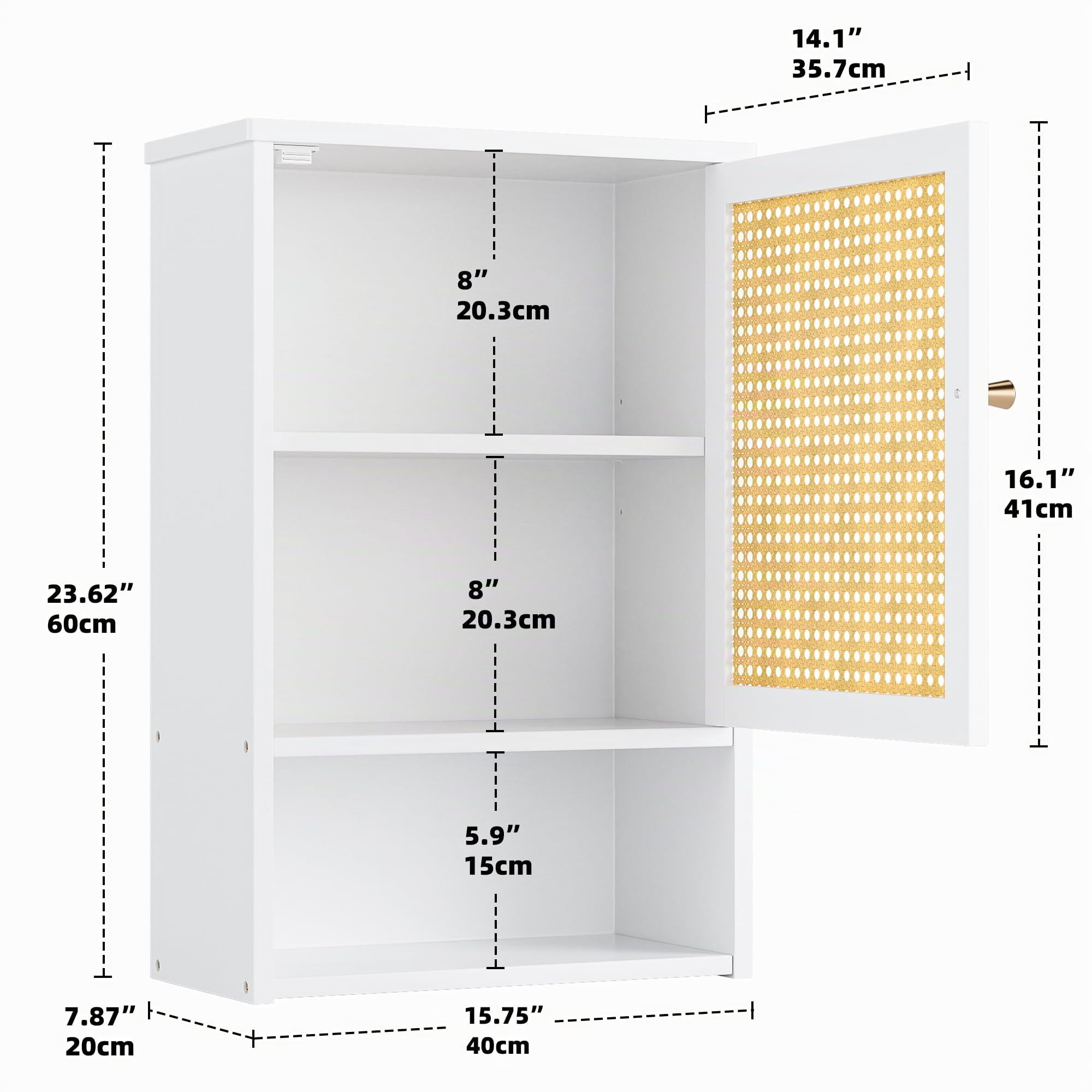 Armoire Murale de Salle de Bain en Bambou avec Portes en rotin et étagère réglable, Armoire à Pharmacie économiseur d'espace pour Linge, Cuisine, Salon (Blanc)