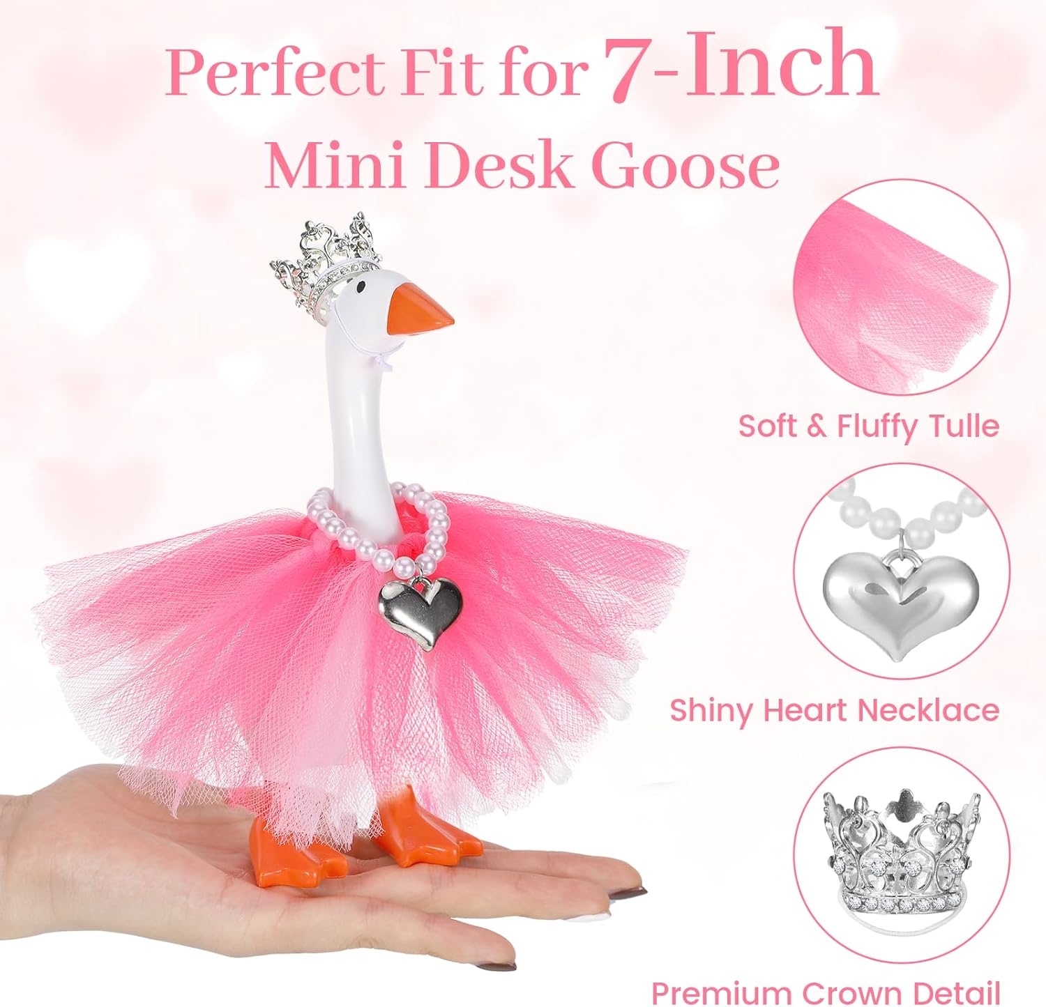 3Pcs Mini Desk Goose Outfits 7 Inches, Desk Goose Clothes - Rhinestone Tiara Crown Necklace Pink Tutu Dress, Magnetic Goose Key Holder Princess Costumes for Duck Statue Desk Key Holder (Pink)