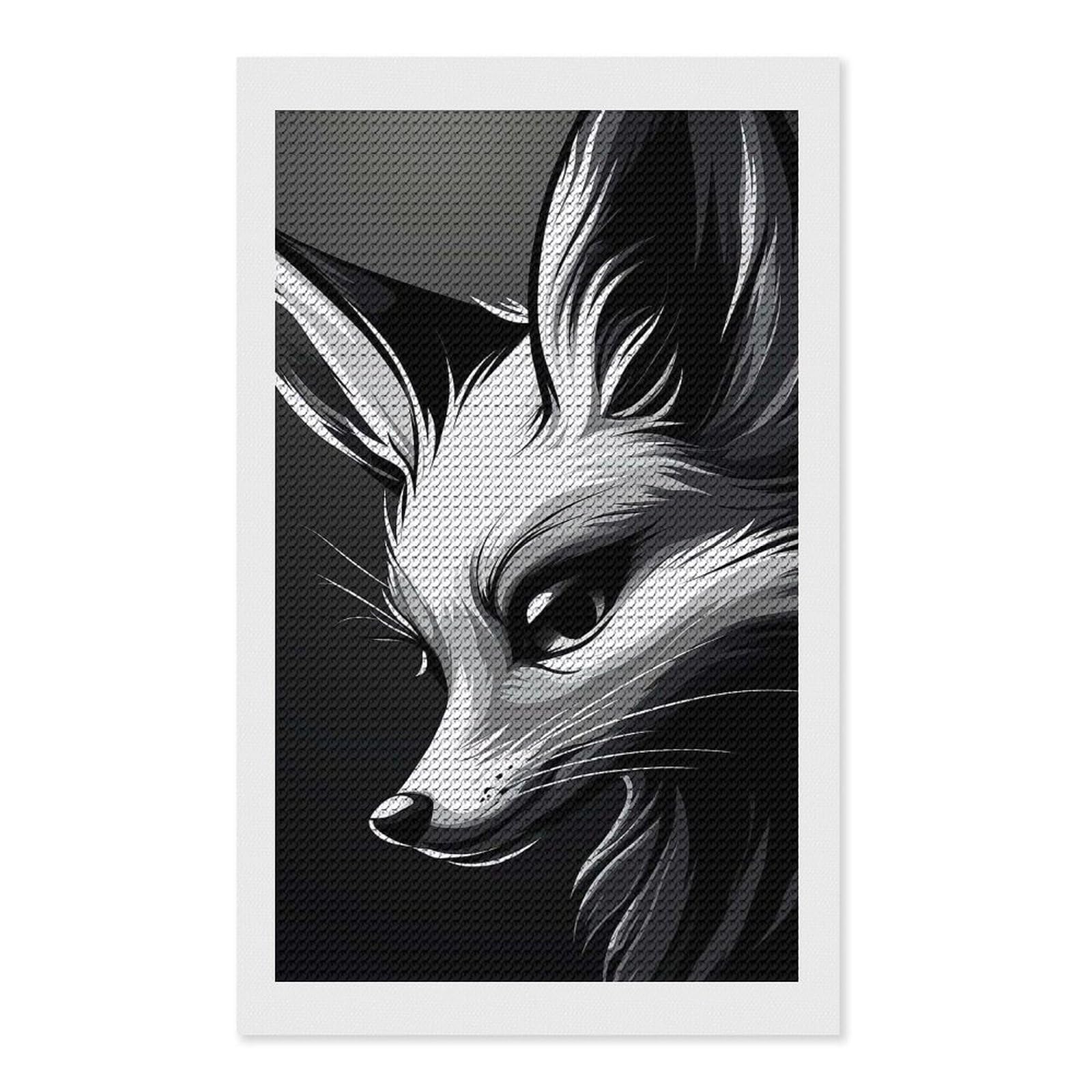 Junmoney Fox Portrait in Black and White DIY Diamond Art Canvas Kit 12"x20", Christmas Gift, for Family Craft Time, Leisure Activity, Home Wall Art