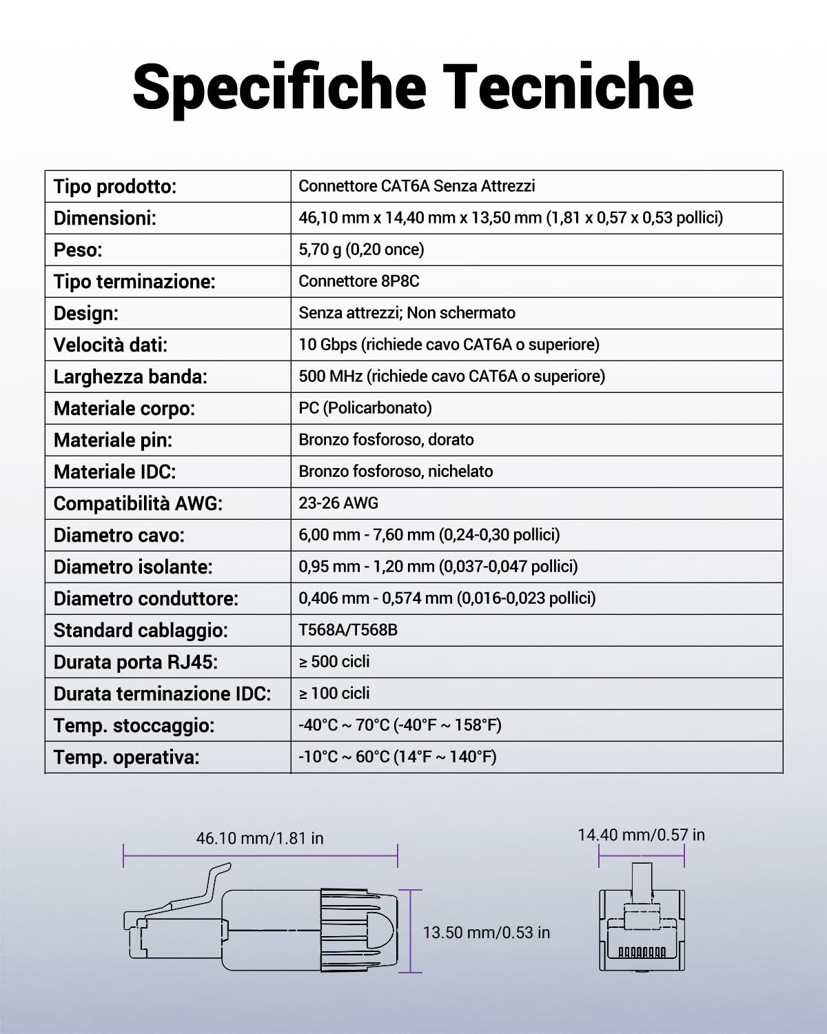VCELINK Cat6A Connettore RJ45 Senza Attrezzi LSA, 10 Gbps/500 MHz, Compatto Riutilizzabile, Plug RJ45 UTP Placcato in Oro per Cavo di Rete AWG 23-26, Compatibile con PoE, Nero, 6 Pezzi