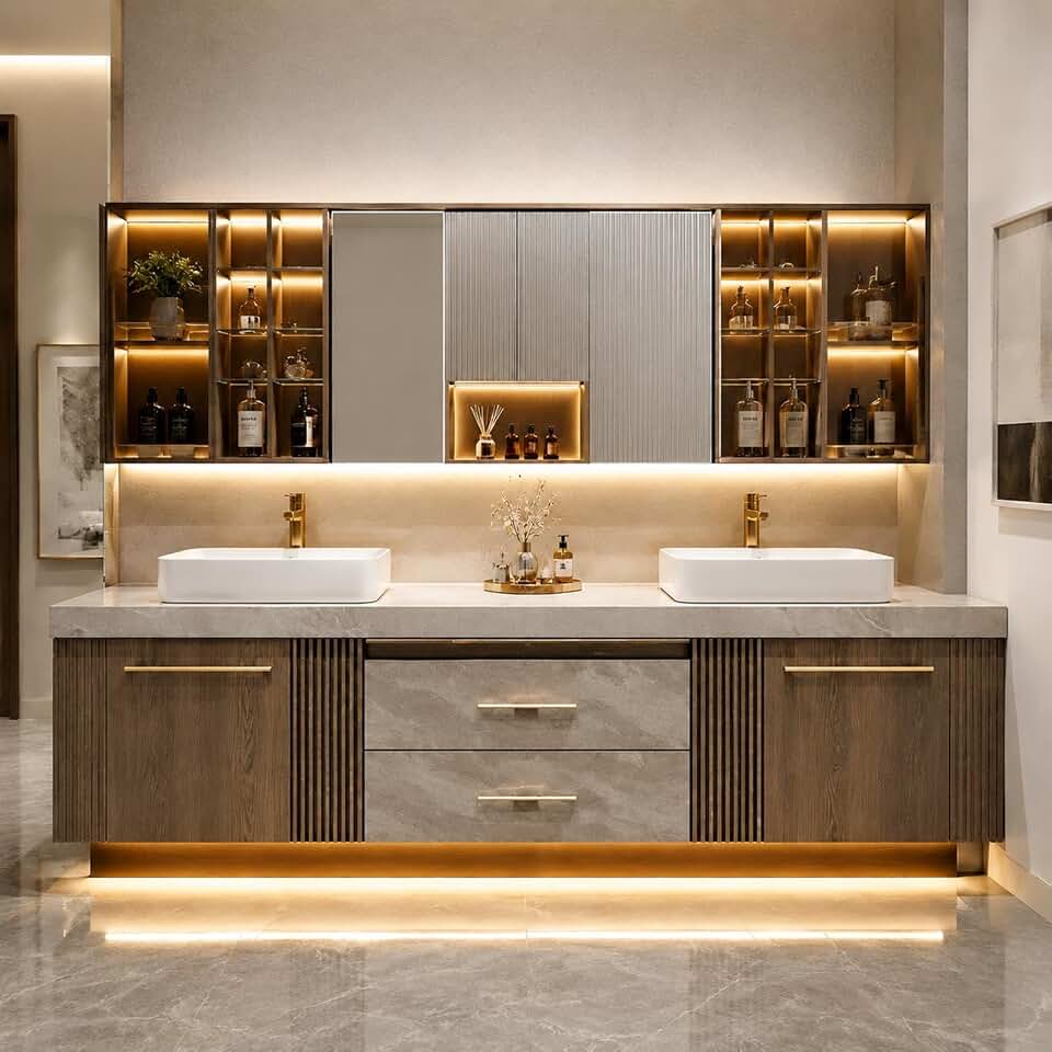 100 IN Freestanding Double Bathroom Vanity with Sinks & LED Mirror