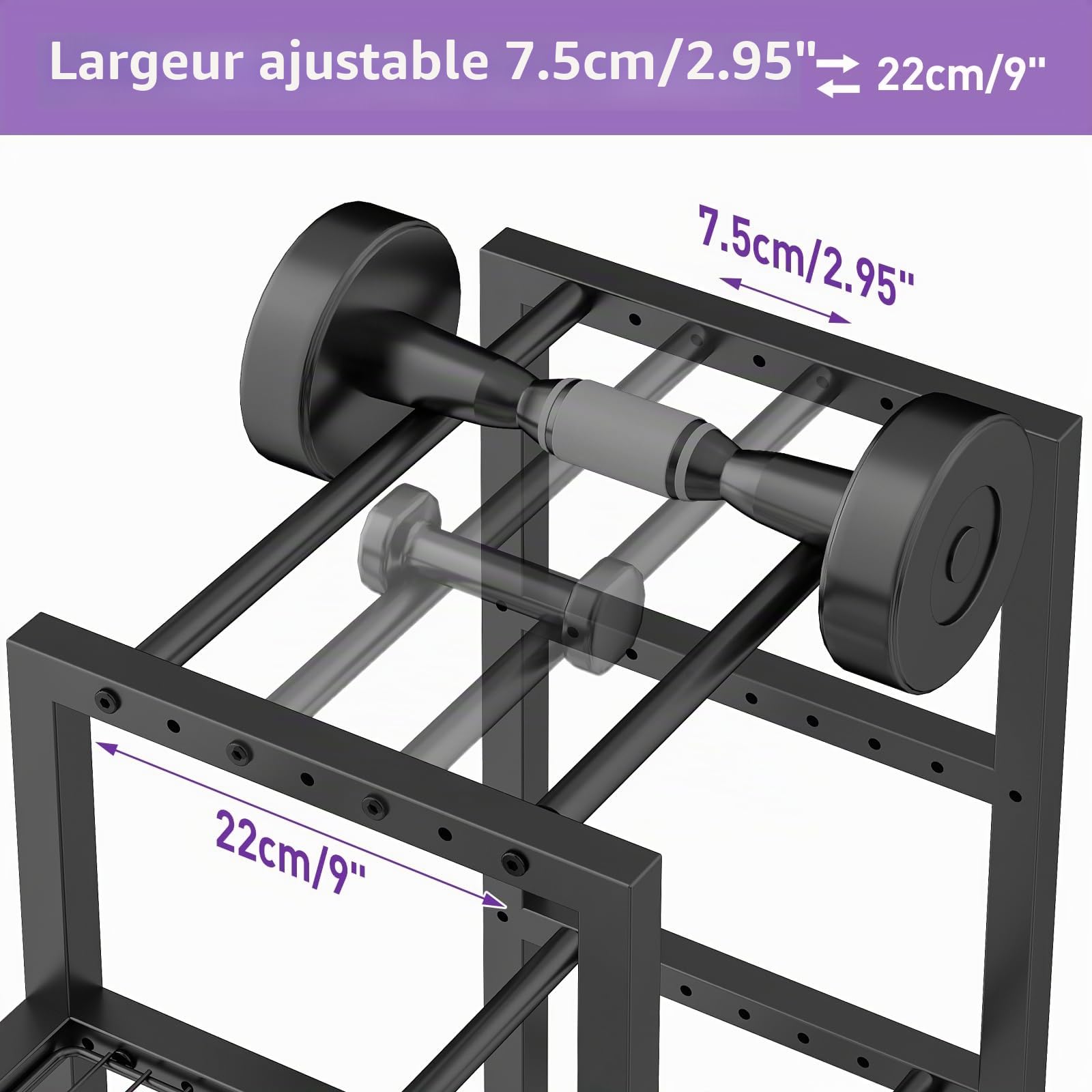 Support d'haltères multifonction à 7 niveaux - Rangement pour haltères, kettlebells, bloc de yoga - Avec roues et crochets - Pour la maison, le studio de yoga, la salle de sport, le garage