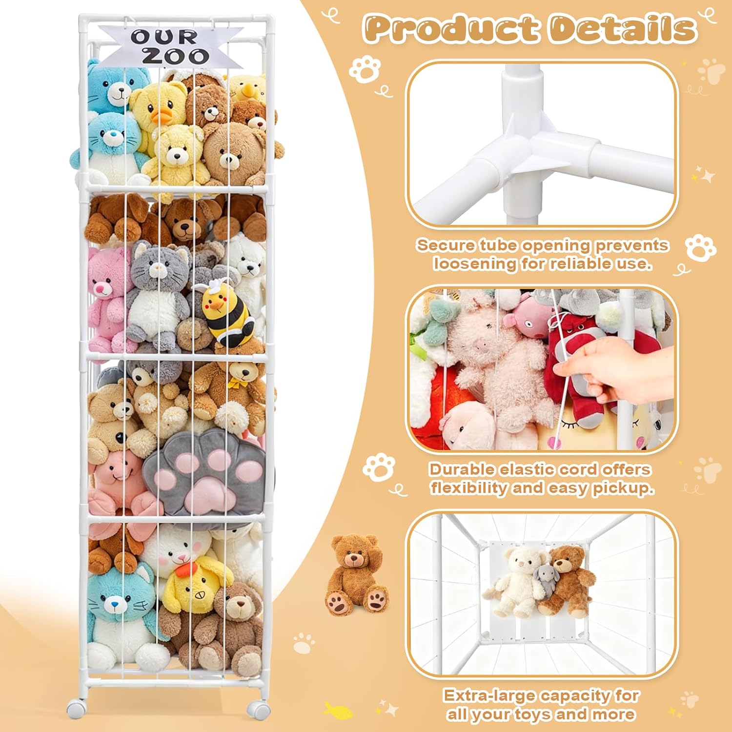 OurWarm Stuffed Animal Storage & Organizer, Heighten PVC Kids Toy Storage Organizer with Elastic Band & Shelf, Stuffed Animal Zoo Holder for Nursery Storage, Kids Room Organization, Playroom Decor - Image 6