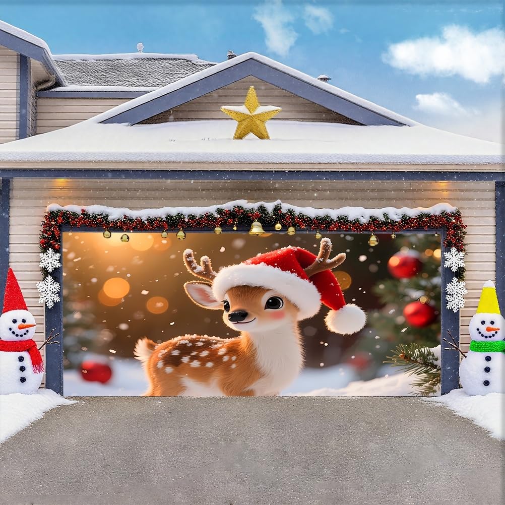 Zfflyh Christmas Deer Christmas Garage Door Cover Large Garage Door Banner Christmas Decoration Backdrop For Holiday Party Indoor Outdoor House Decoration,,6.5X5ft