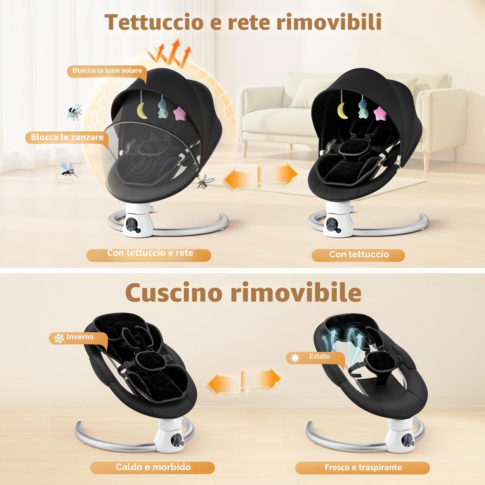 Sdraietta Neonati Elettrica con Schienale Regolabile su 2 Livelli - App e Telecomando Dondolo Neonati Elettrico con 3 Timer, 5 Velocità di Altalena, 12 Musiche, Altalena Neonato Bluetooth (Nero)