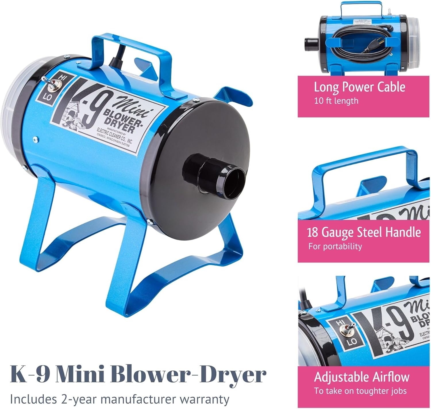 Electric Cleaner Company ECC Mini K-9 High-Velocity Dog Dryer – Portable Pet Blow Dryer with 2 Speeds, 10' Hose & Tips, Metallic Blue