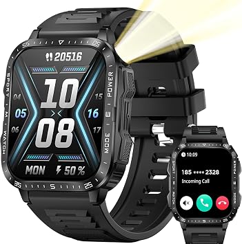 Military Smart Watch for Men 3ATM Waterproof with LED Flashlight Answer/Make Call 2.0 Big Screen Tactical Smartwatch Fitness Tracker with 430mAh Battery Heart Rate Sleep Monitor for iOS Android