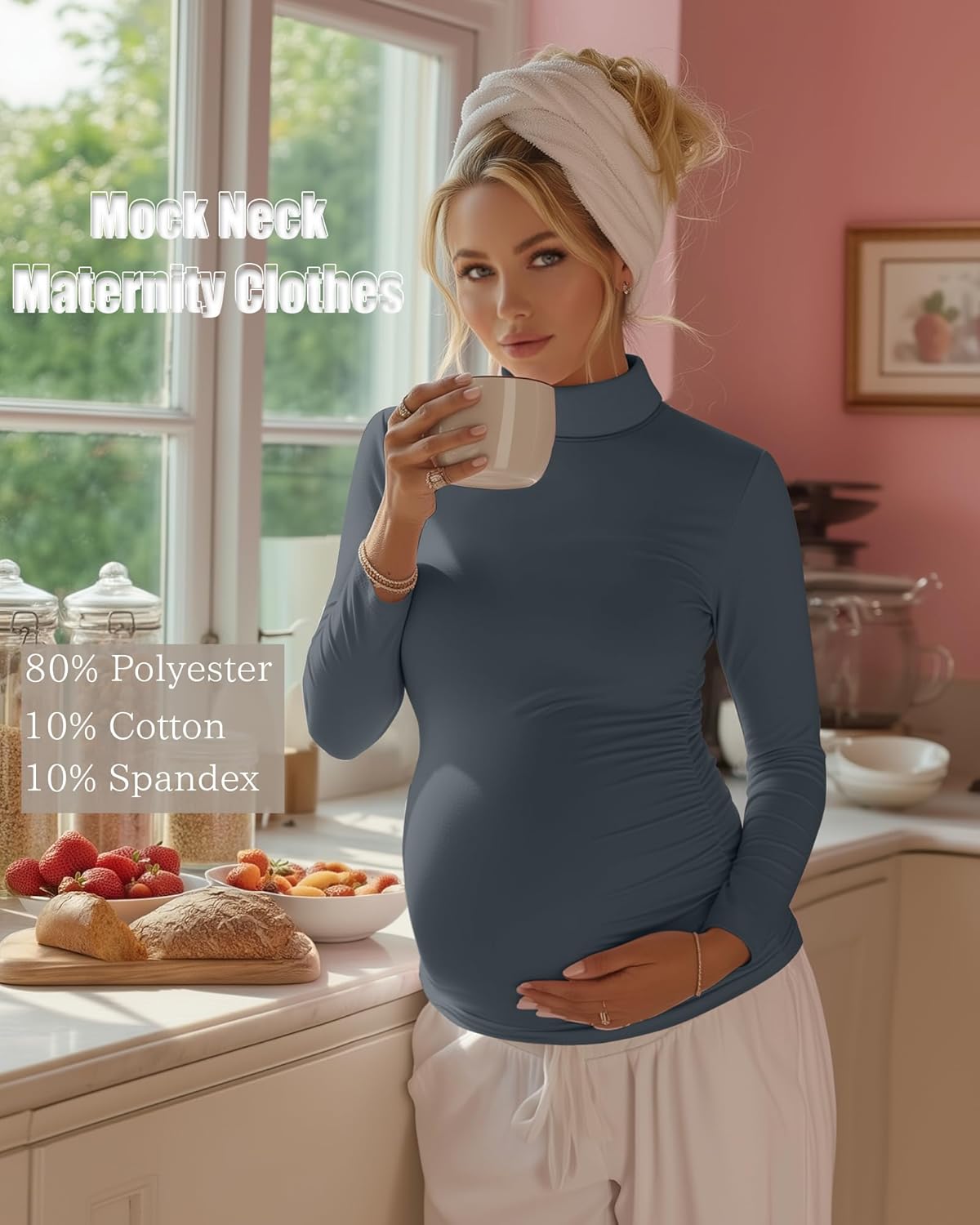 4 Pack Women's Maternity Shirts, Turtleneck Long Sleeve Pregnancy Tee Tops Side Ruched Mock Neck Maternity Clothes