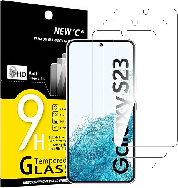 NEW'C [3 sztuki], Ochraniacz Ekranu do Samsung Galaxy S23, Folia ochronna ze szkła hartowanego bez pęcherzyków powietrza, odporność na zarysowania